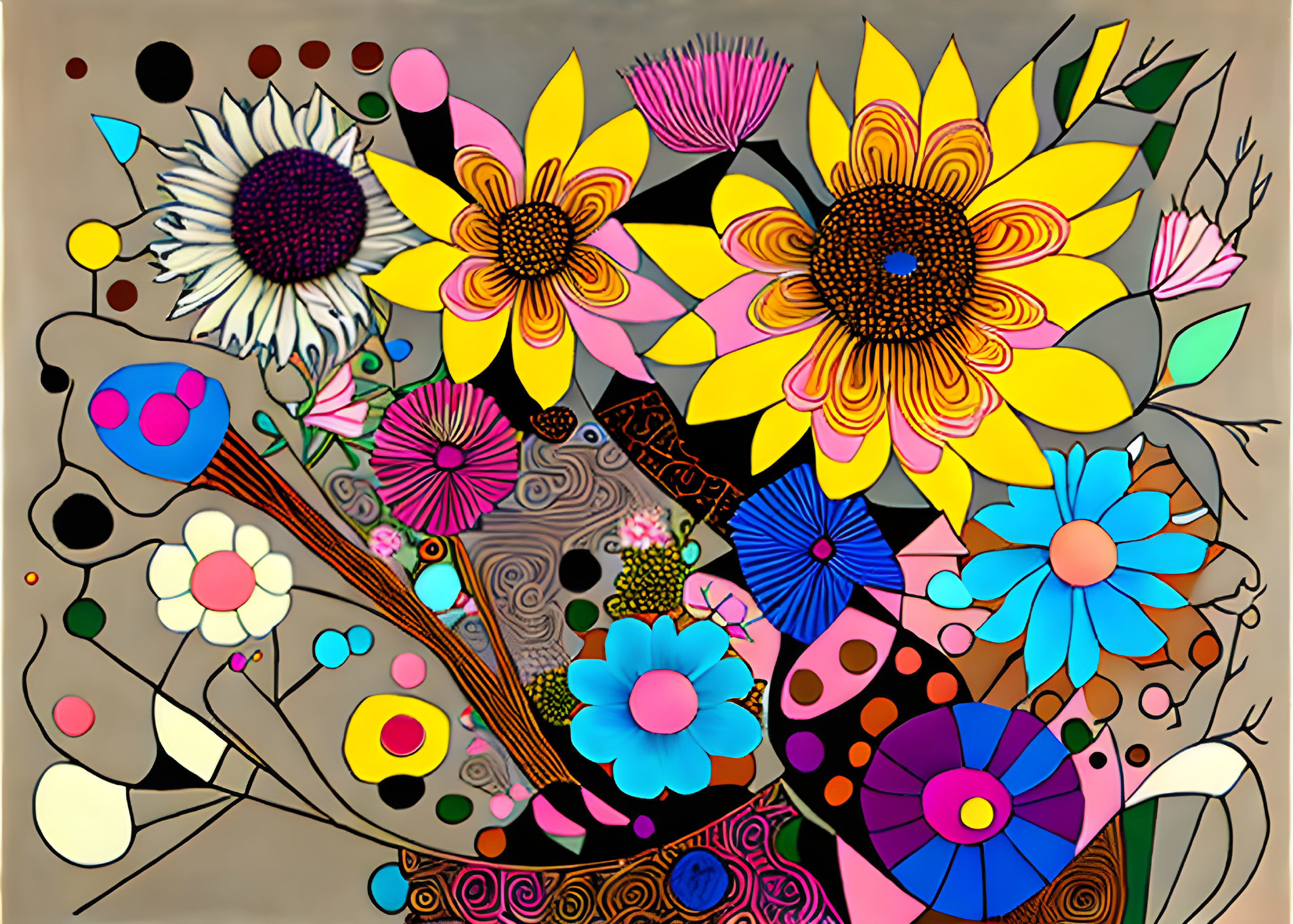 Vivid Abstract Painting with Flowers and Geometric Shapes on Tan Background