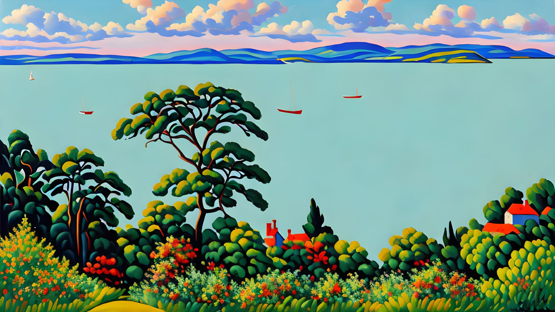 Vibrant flora and rolling hills in serene seascape