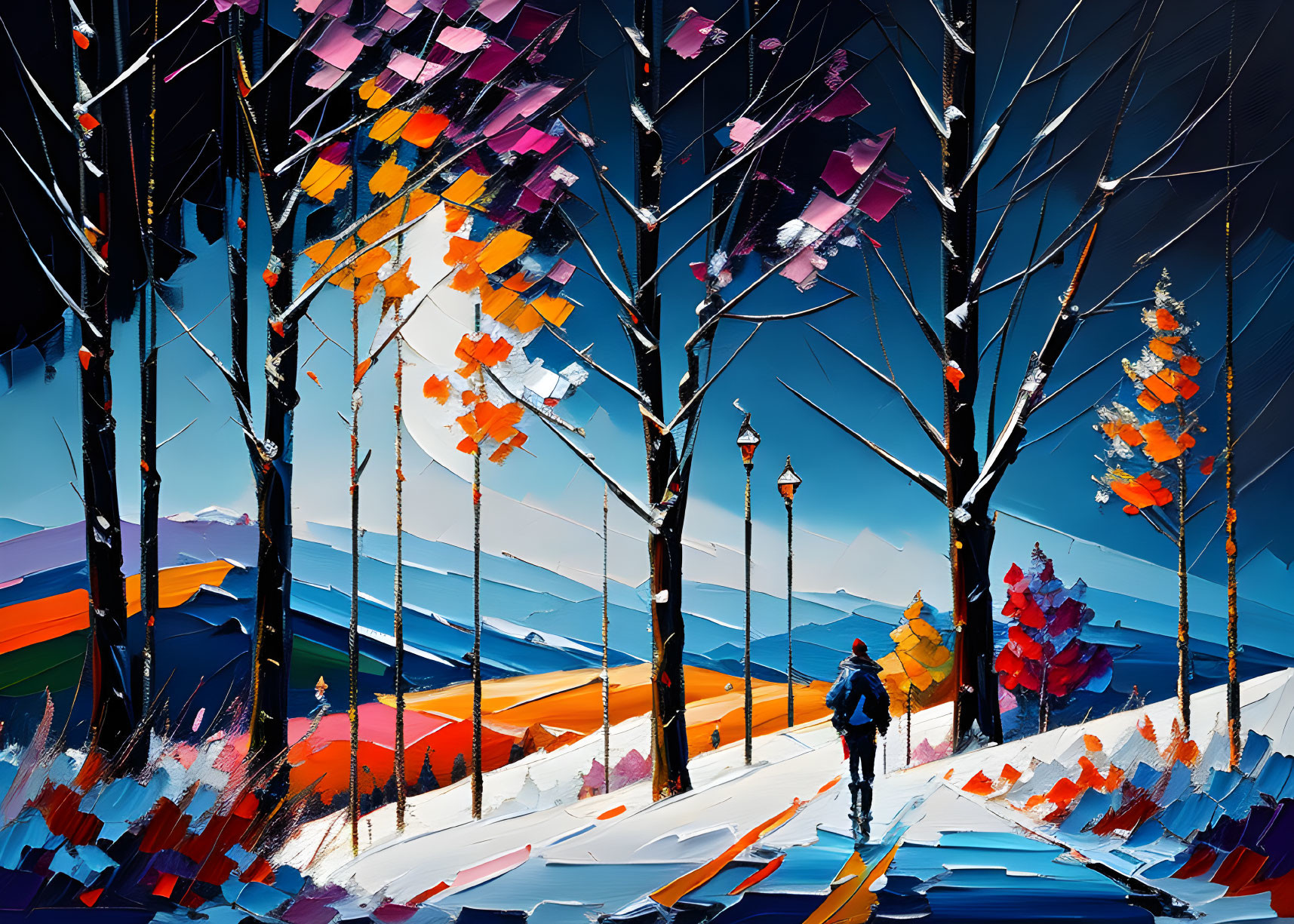 Vibrant autumn park painting with expressive brushstrokes