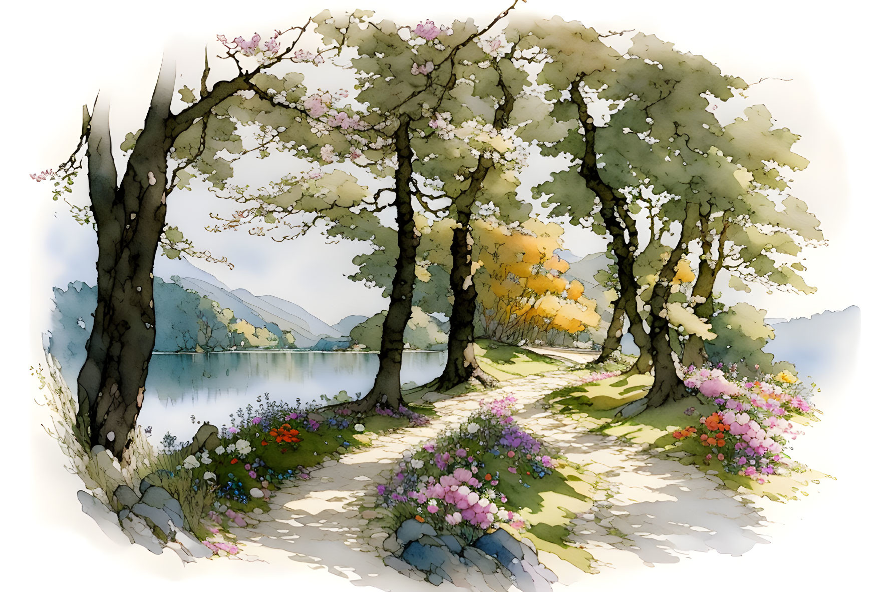 Tranquil lakeside path with blossoming trees and flowers