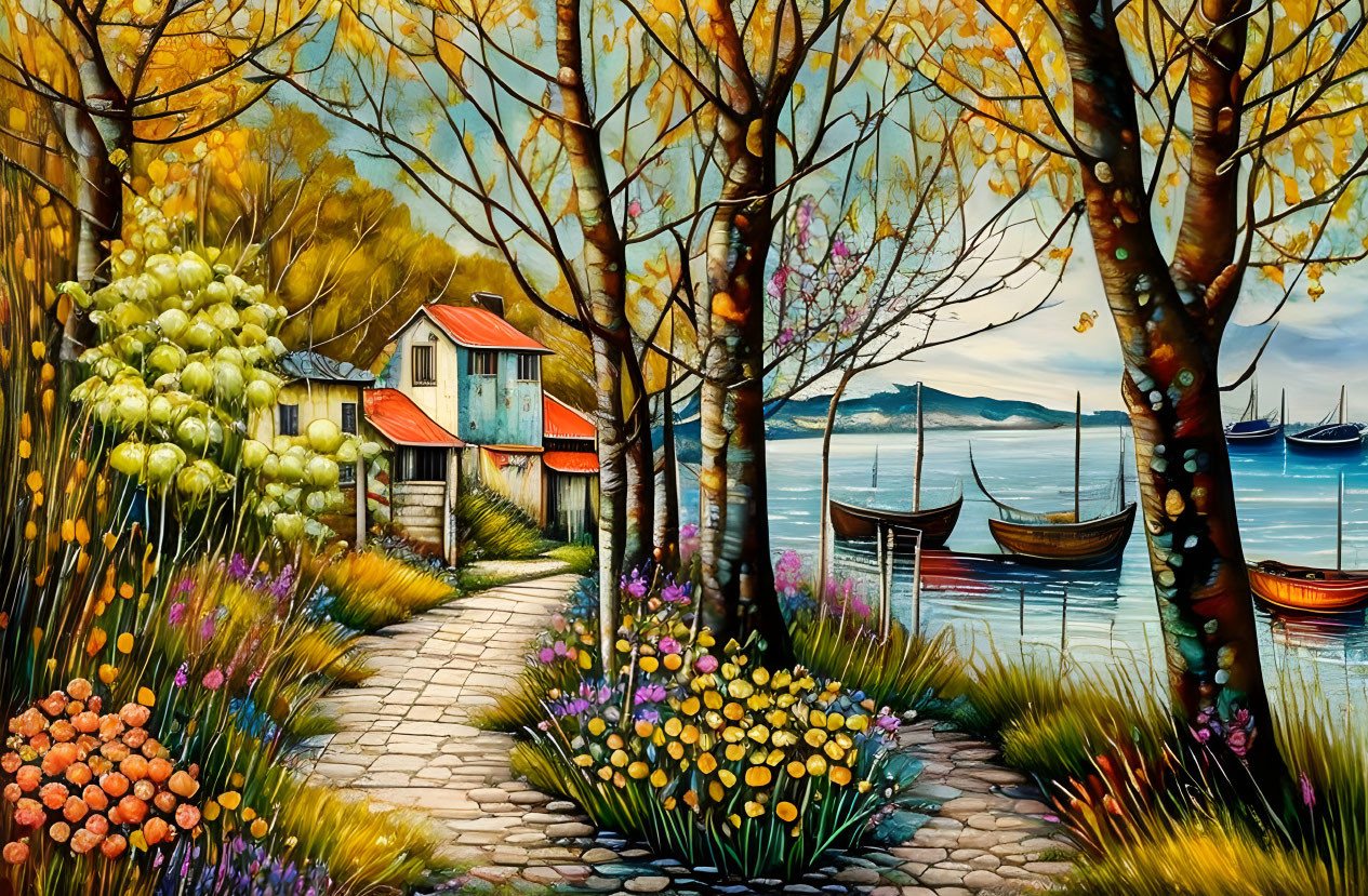 Scenic lakeside painting with cozy house, autumn trees, flowers, and boats