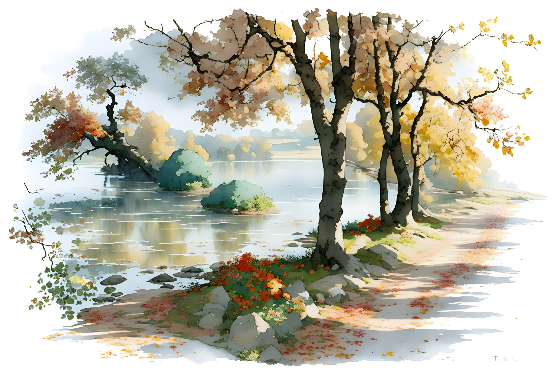 Tranquil riverside scene with autumn trees and rocks in water.