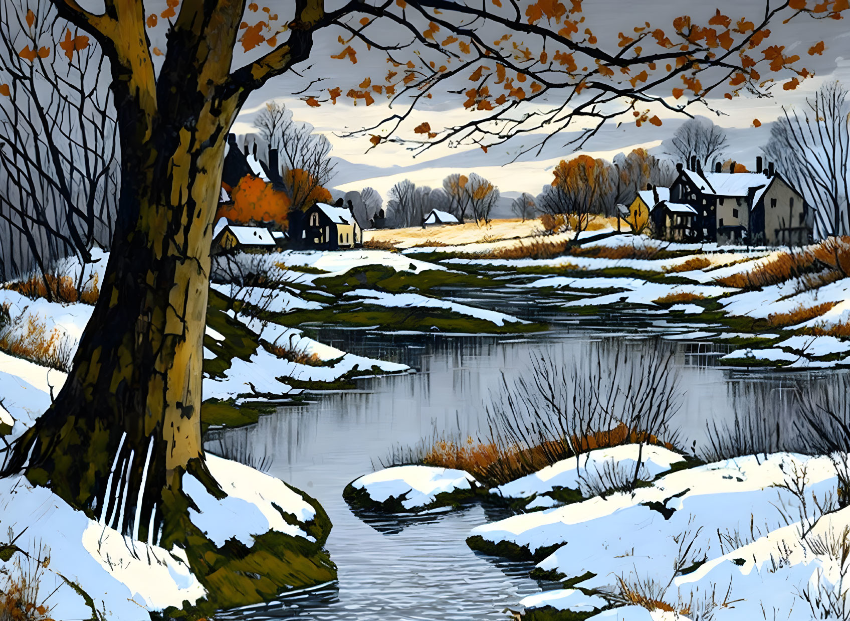 Snow-covered riverbanks, leafless trees, distant houses - picturesque winter scene