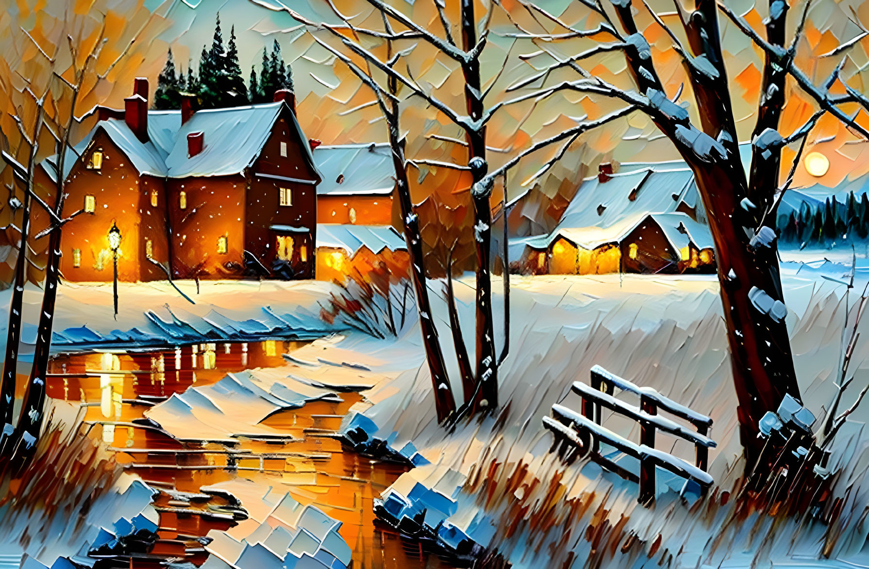 Winter Dusk Snowy Scene with Cozy Cottage, Bare Trees, and Frozen River