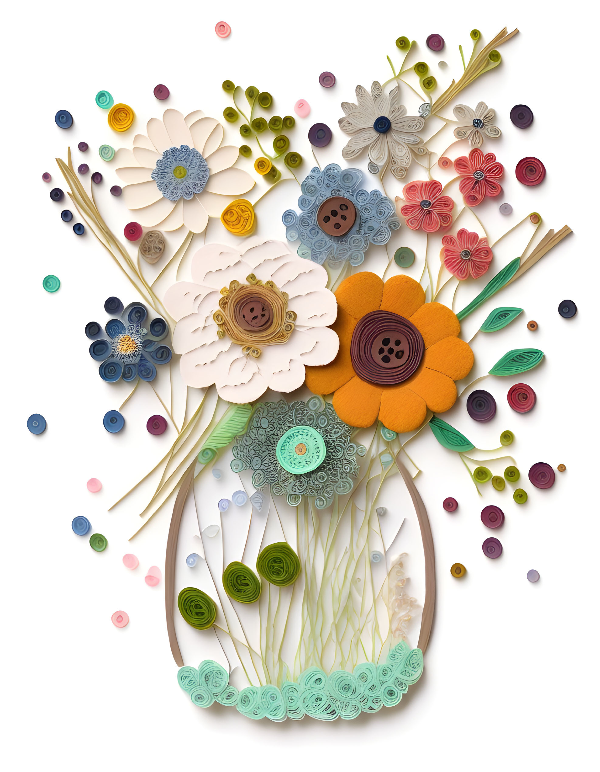 Colorful Quilled Paper Art Flowers Bouquet on White Background