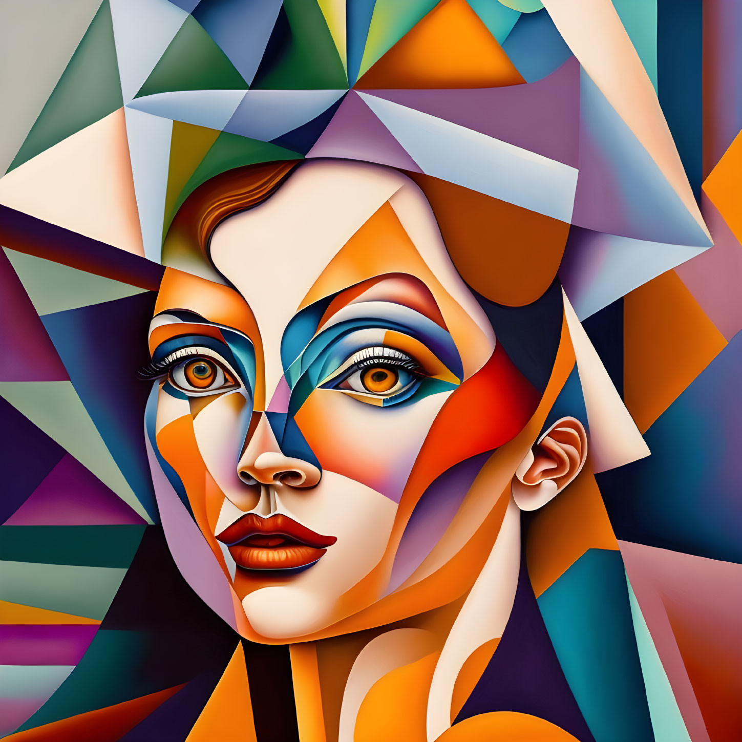 Vibrant cubist portrait of a woman with bold geometric shapes