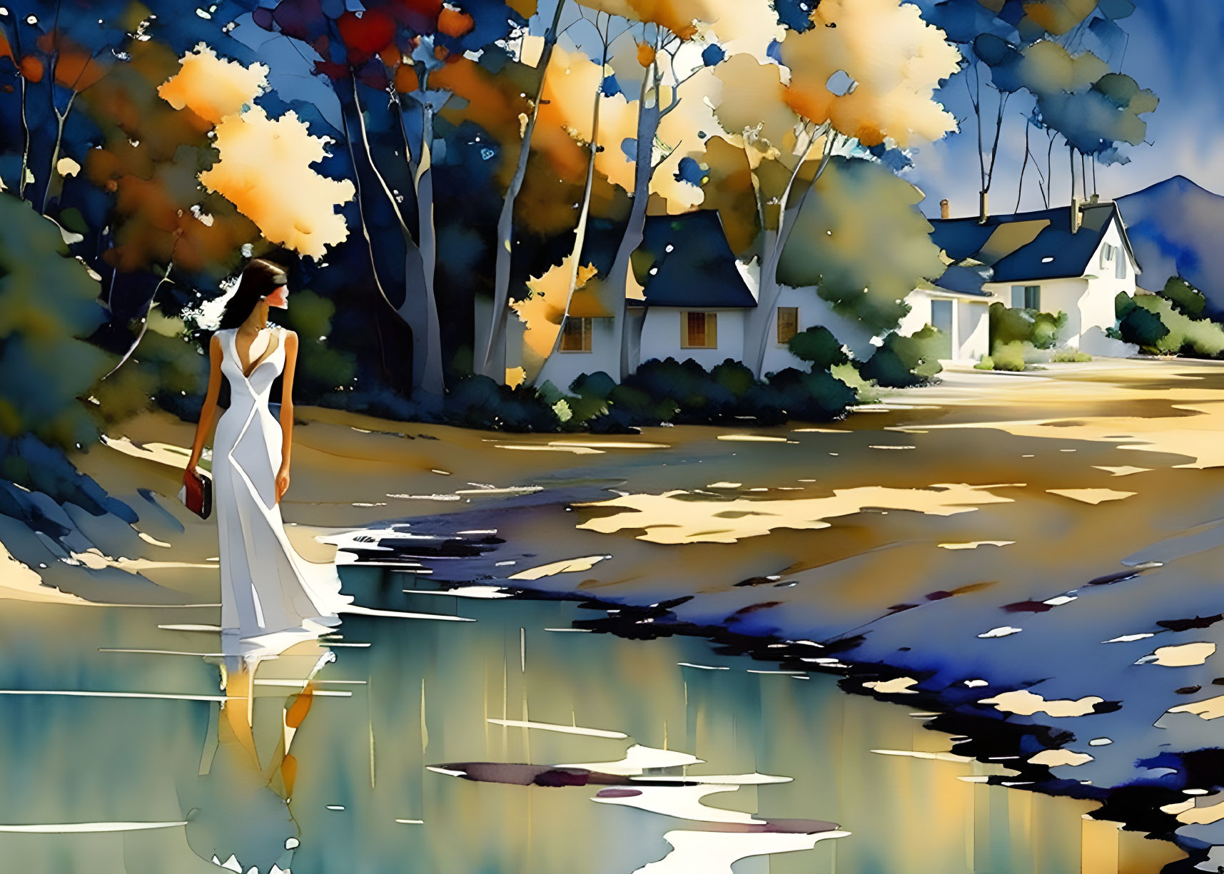 Woman in white dress with book near water and autumn trees.