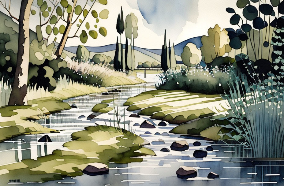 Tranquil Watercolor Landscape with River, Rocks, Trees, and Sky