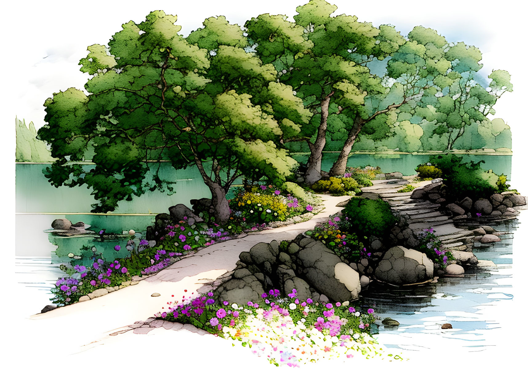 Tranquil watercolor of lakeside path with rocks, trees, and purple flowers