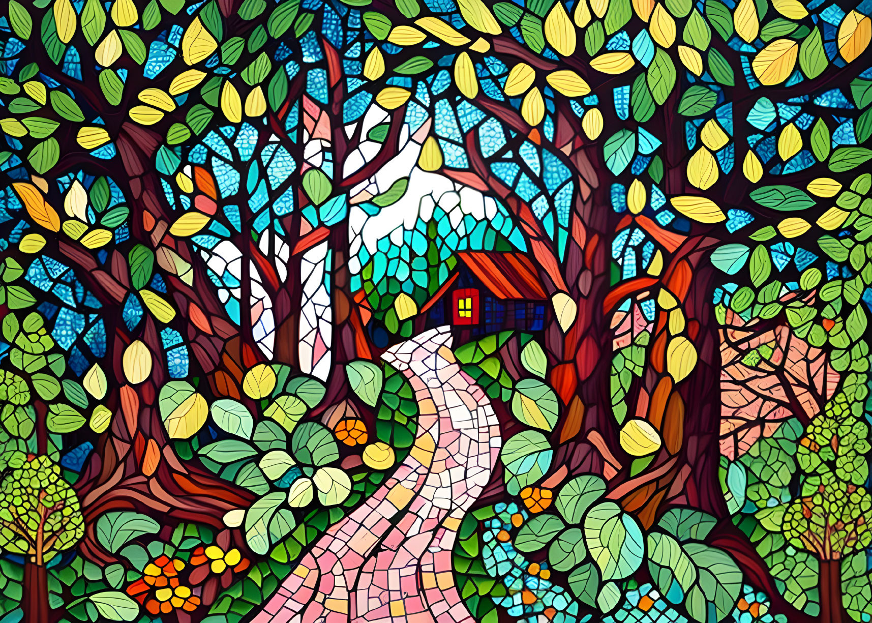 Colorful Stained Glass Style Forest Illustration with Cozy House