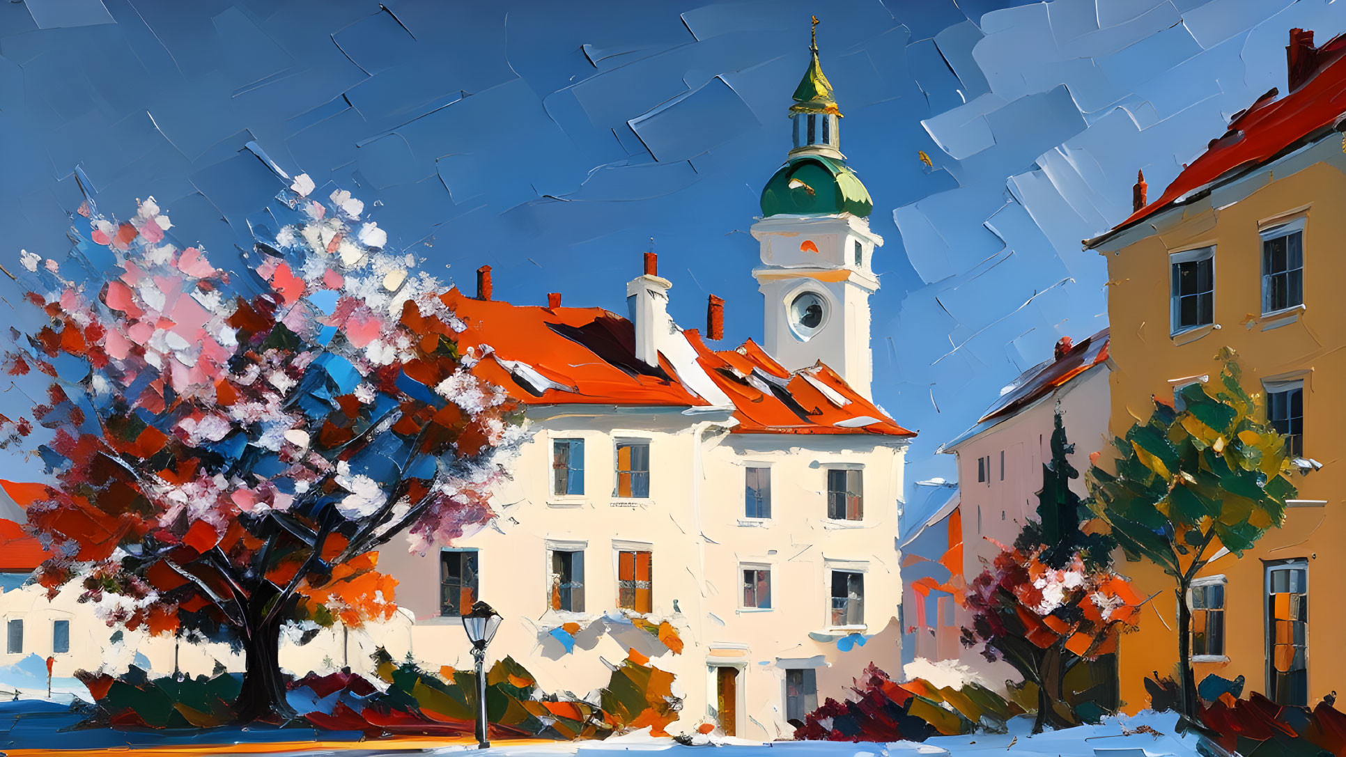 Vibrant European town square painting with blue sky and clock tower