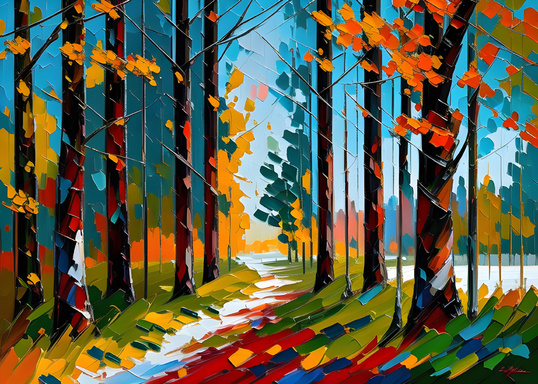 Vibrant forest painting with bold brush strokes and clear path