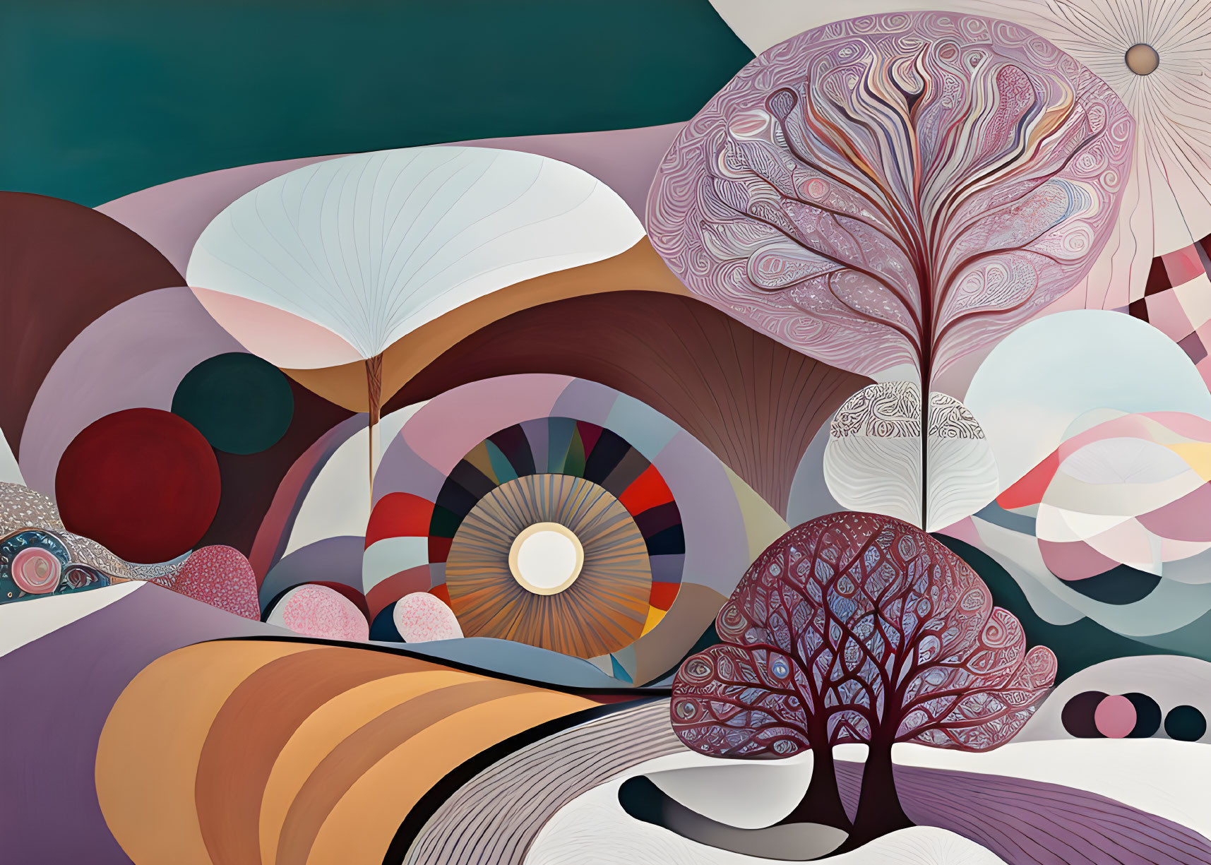 Colorful abstract art: stylized trees, spirals, concentric circles, geometric shapes in red