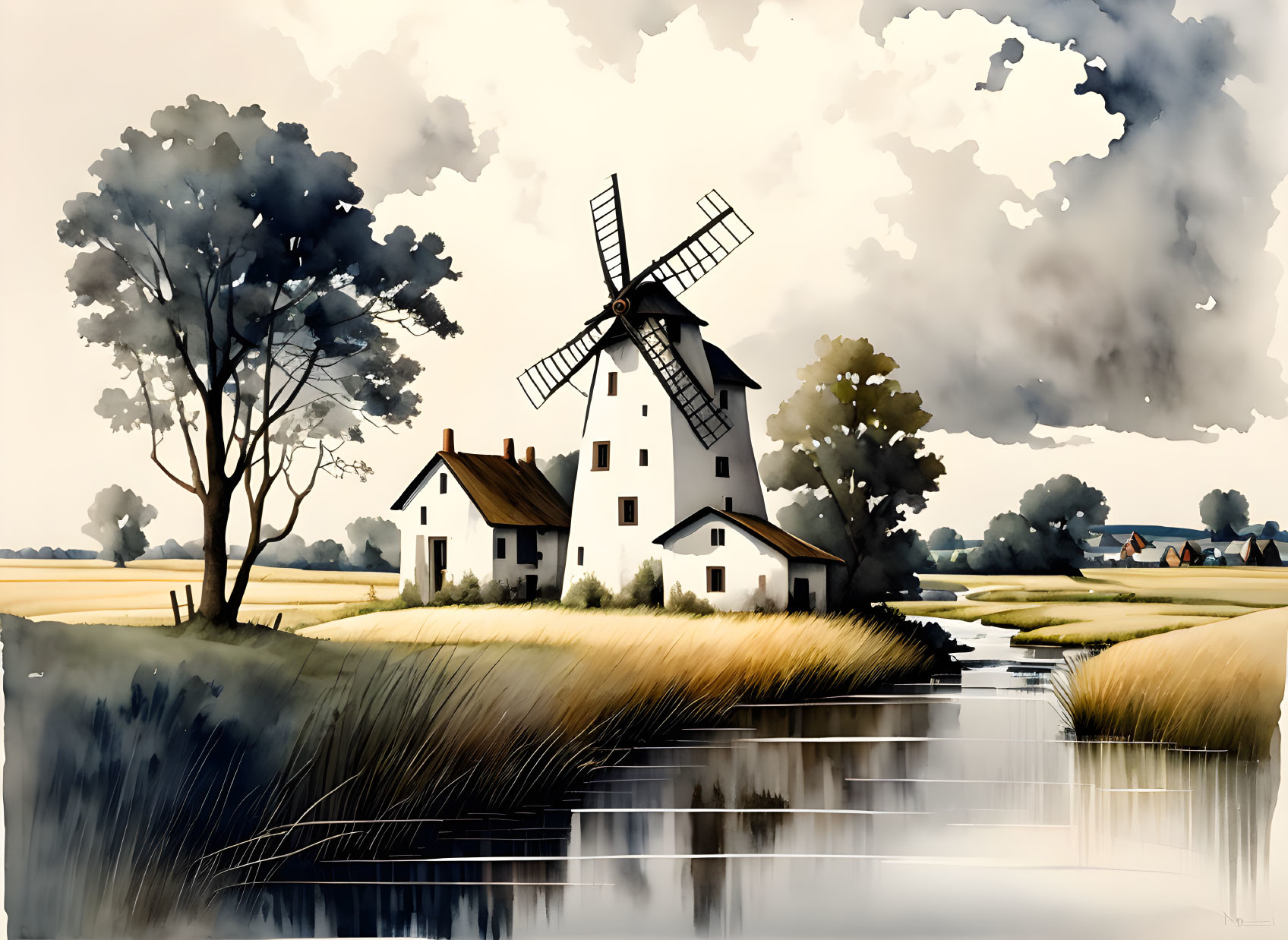 Tranquil rural landscape with windmill, cottage, river, and trees