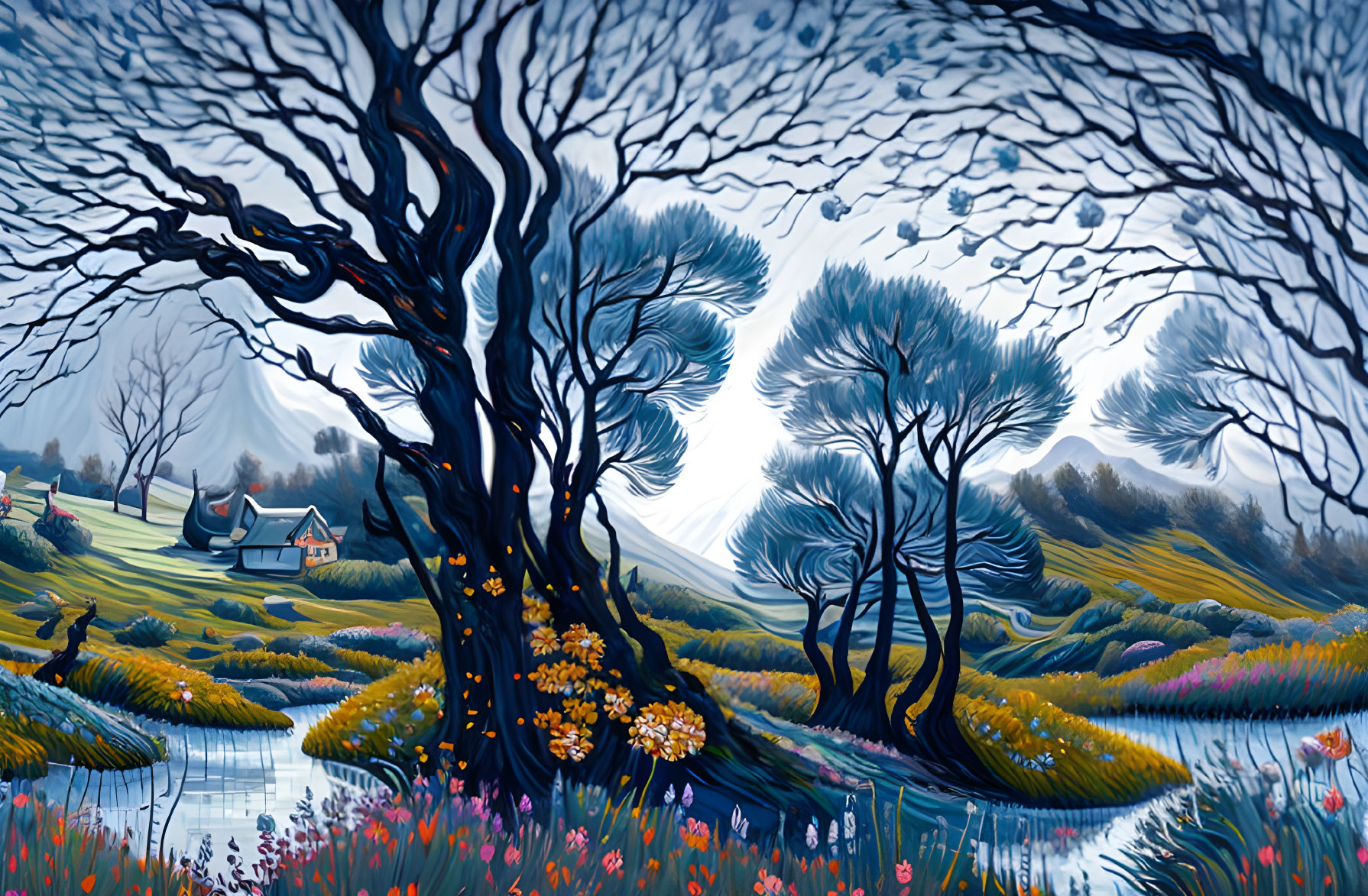 Whimsical landscape painting with twisted trees, river, flowers, and cottage