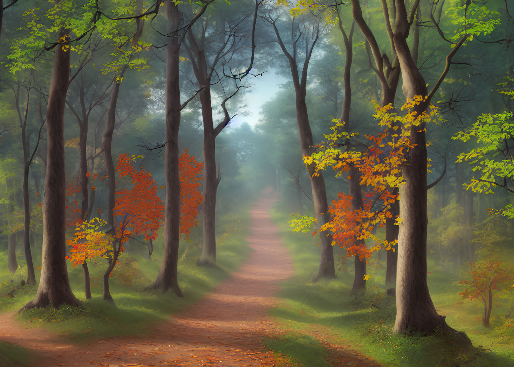 Tranquil Forest Path with Green and Autumn Leaves in Soft Morning Light