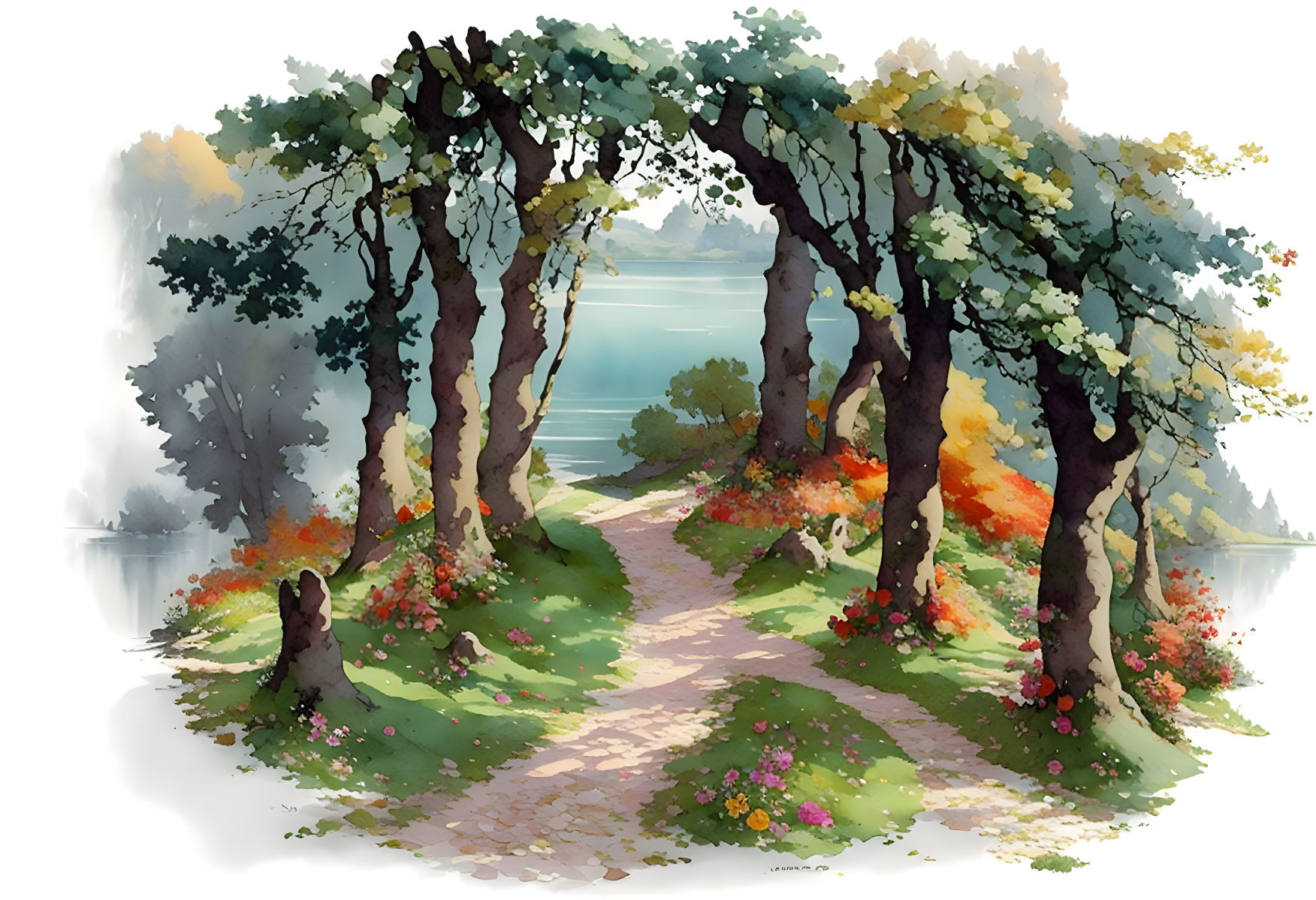 Scenic pathway under tree arch, watercolor-style, leading to tranquil lake