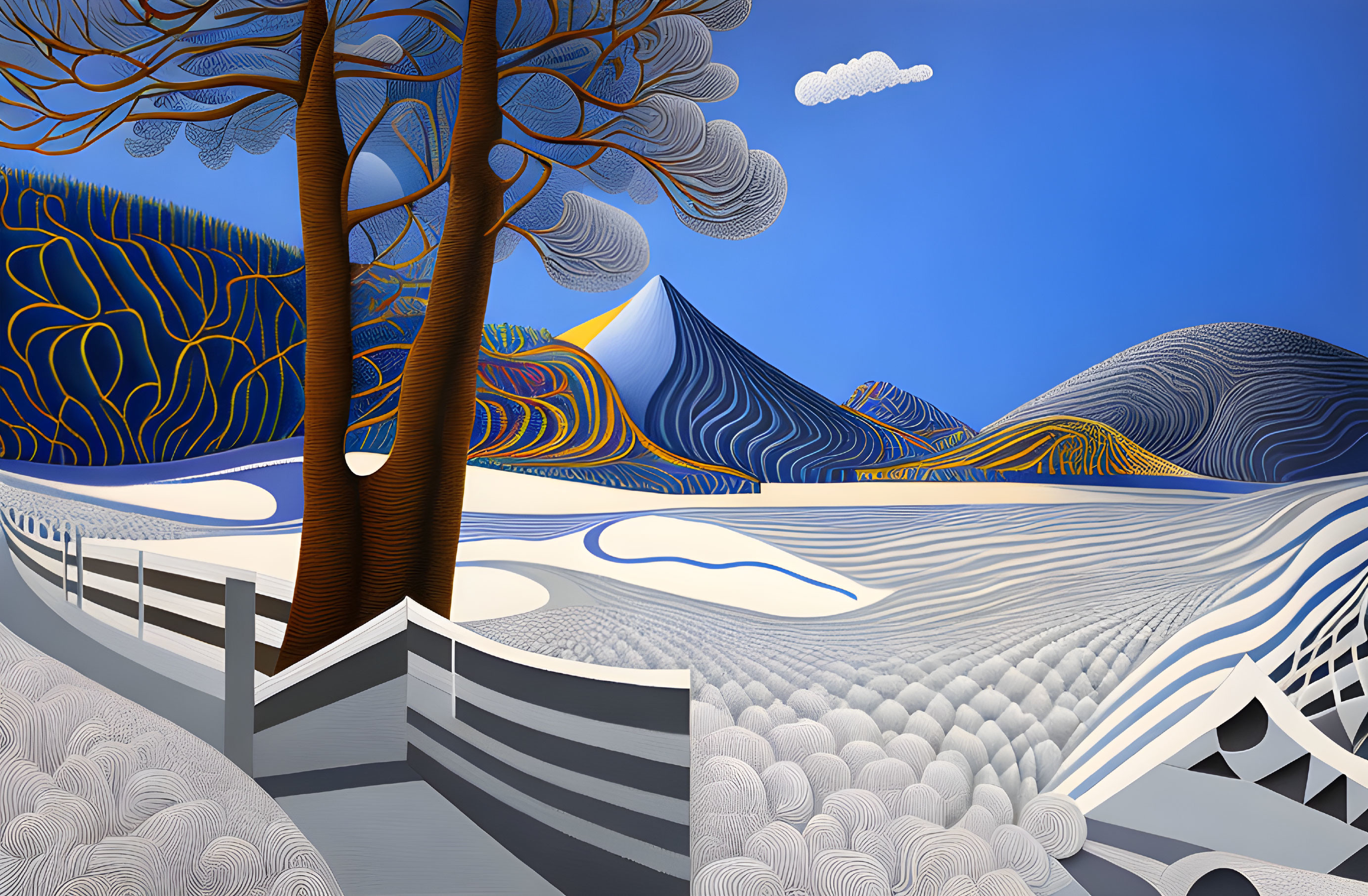 Patterned hills, tree, fence, and clouds in a stylized landscape