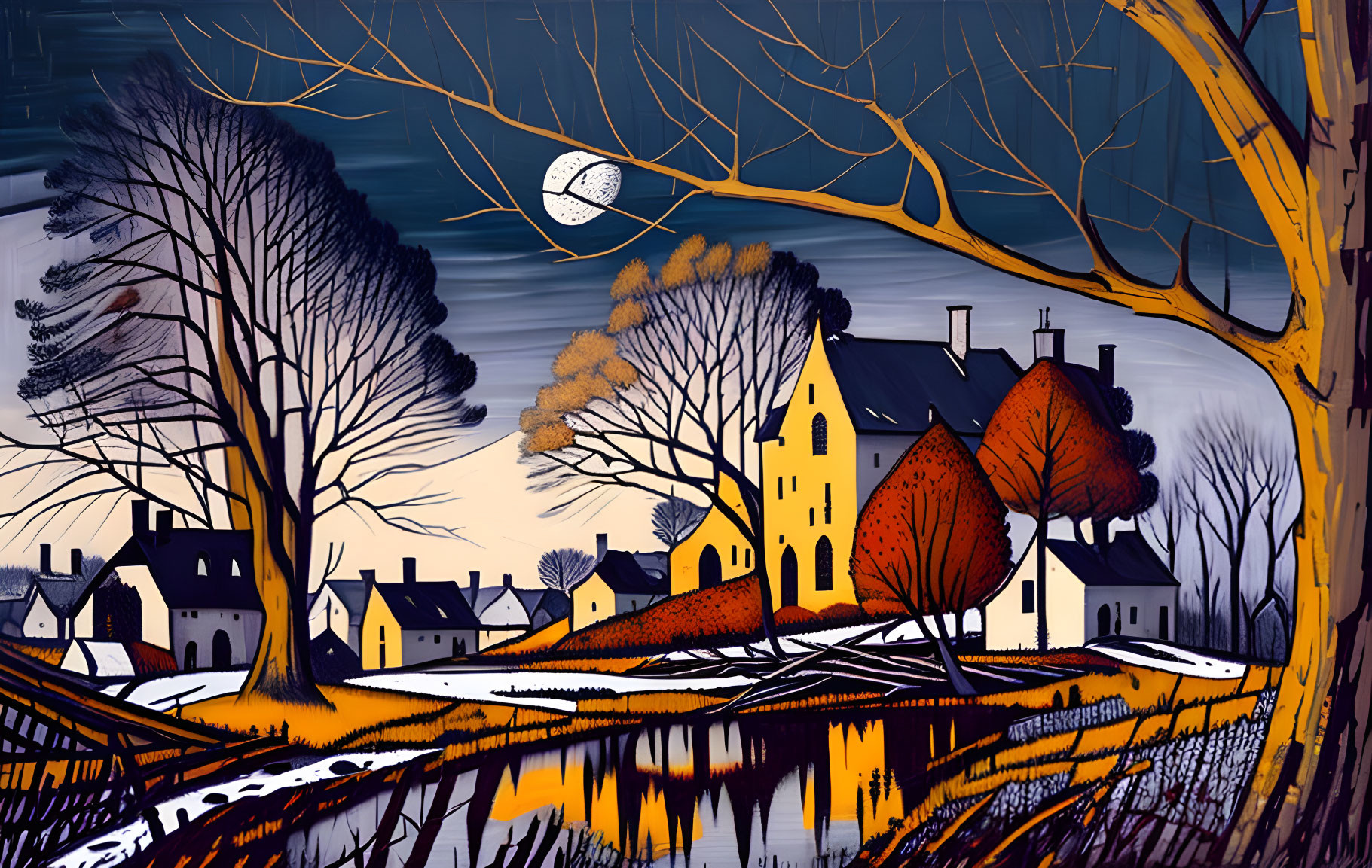 Village at Night Artwork: Full Moon, Yellow House, Barren Trees, River Reflections