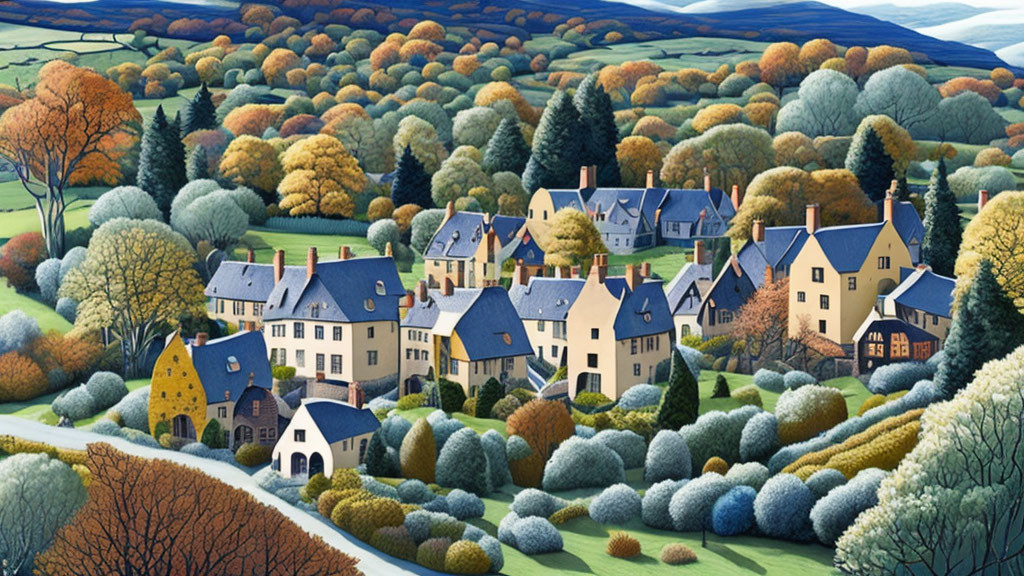 Vibrant trees and rolling hills in picturesque village landscape