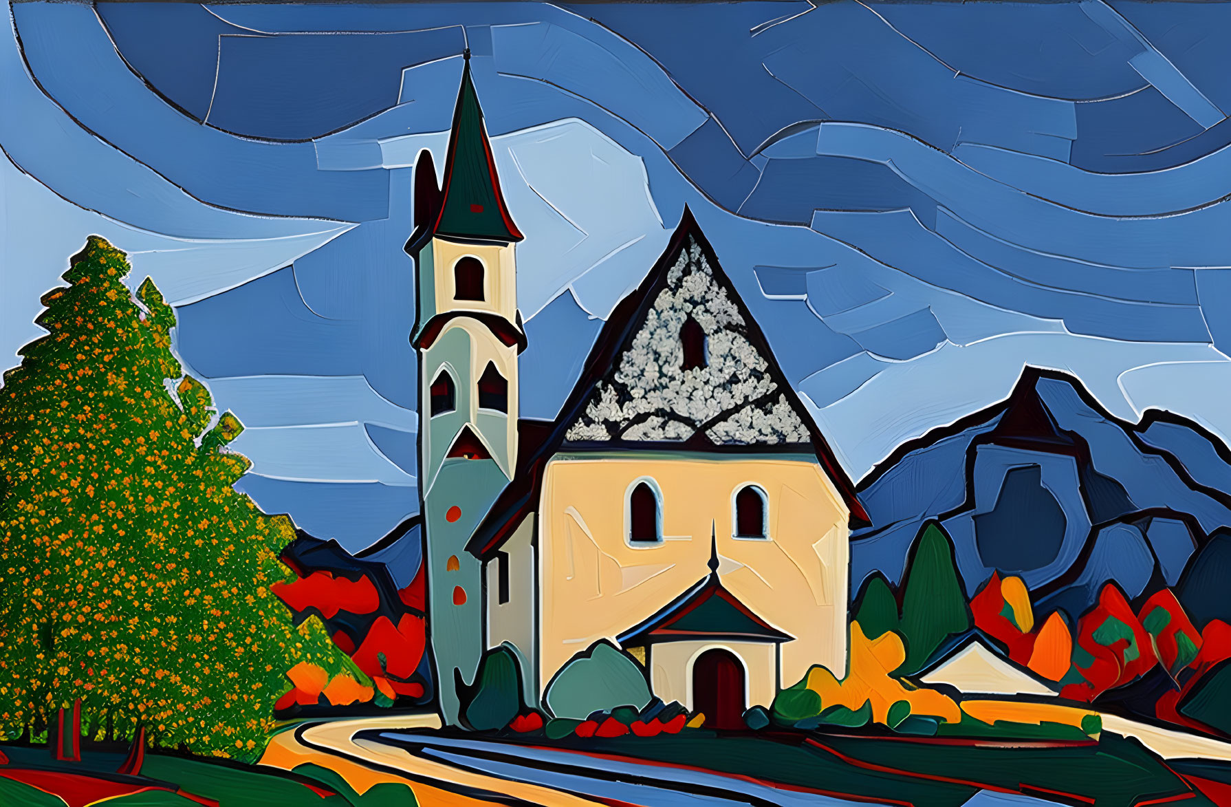 Autumn church scene with tall spire and colorful trees