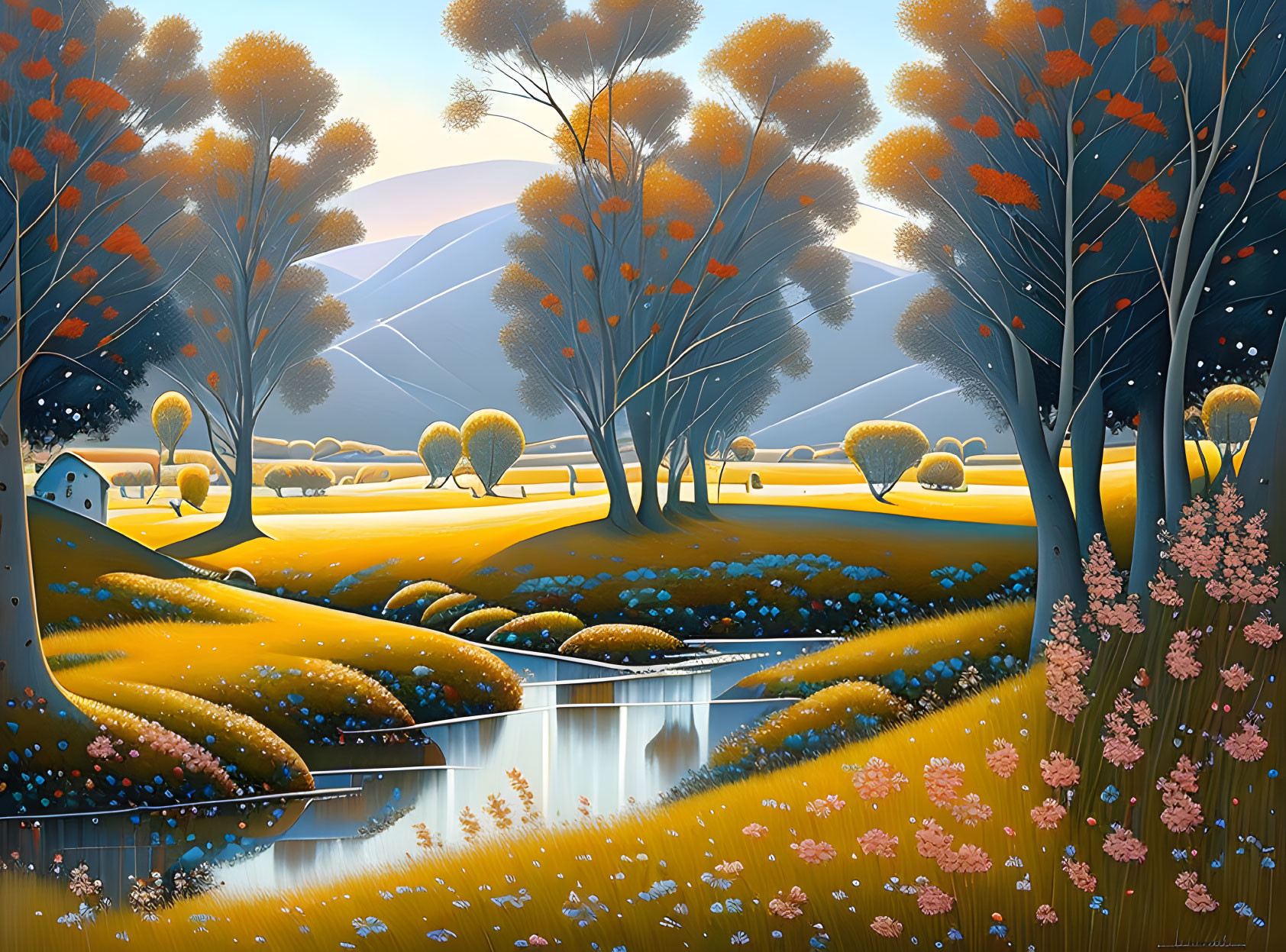 Tranquil autumn landscape with stylized trees, serene river, and rolling hills