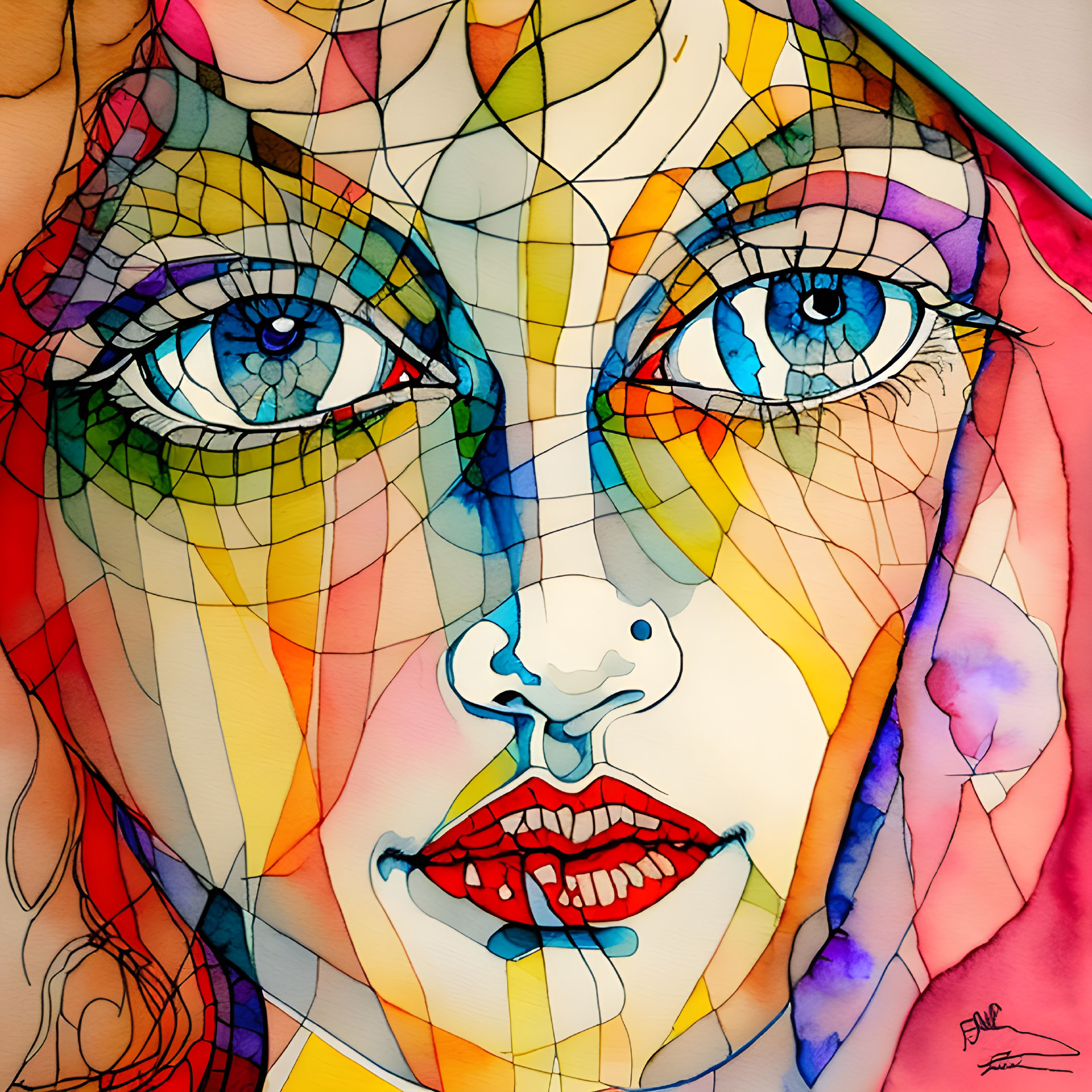 Vibrant Cubist Portrait with Geometric Shapes and Bold Colors