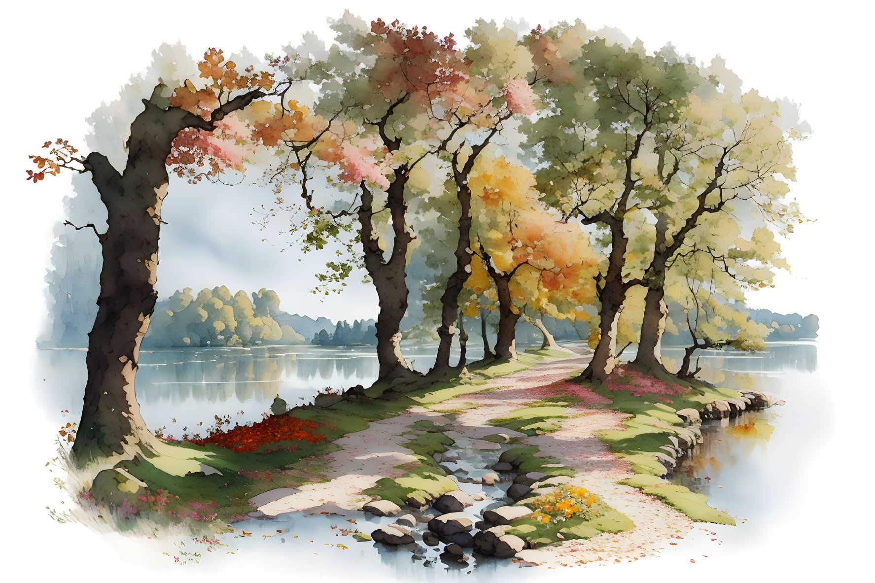 Tranquil lakeside path with autumn trees in watercolor