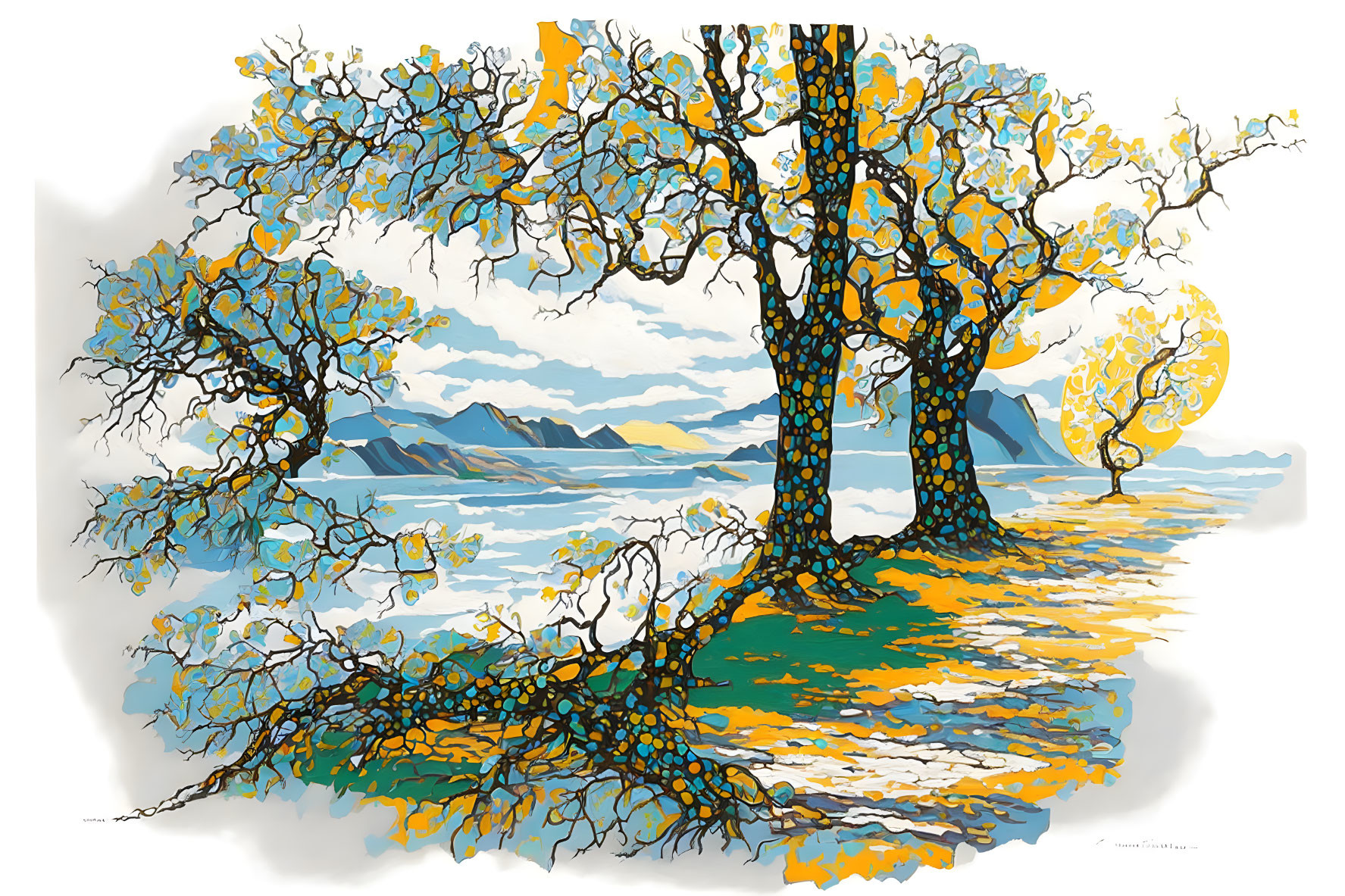 Vibrant trees and serene lake with mountains in stylized illustration