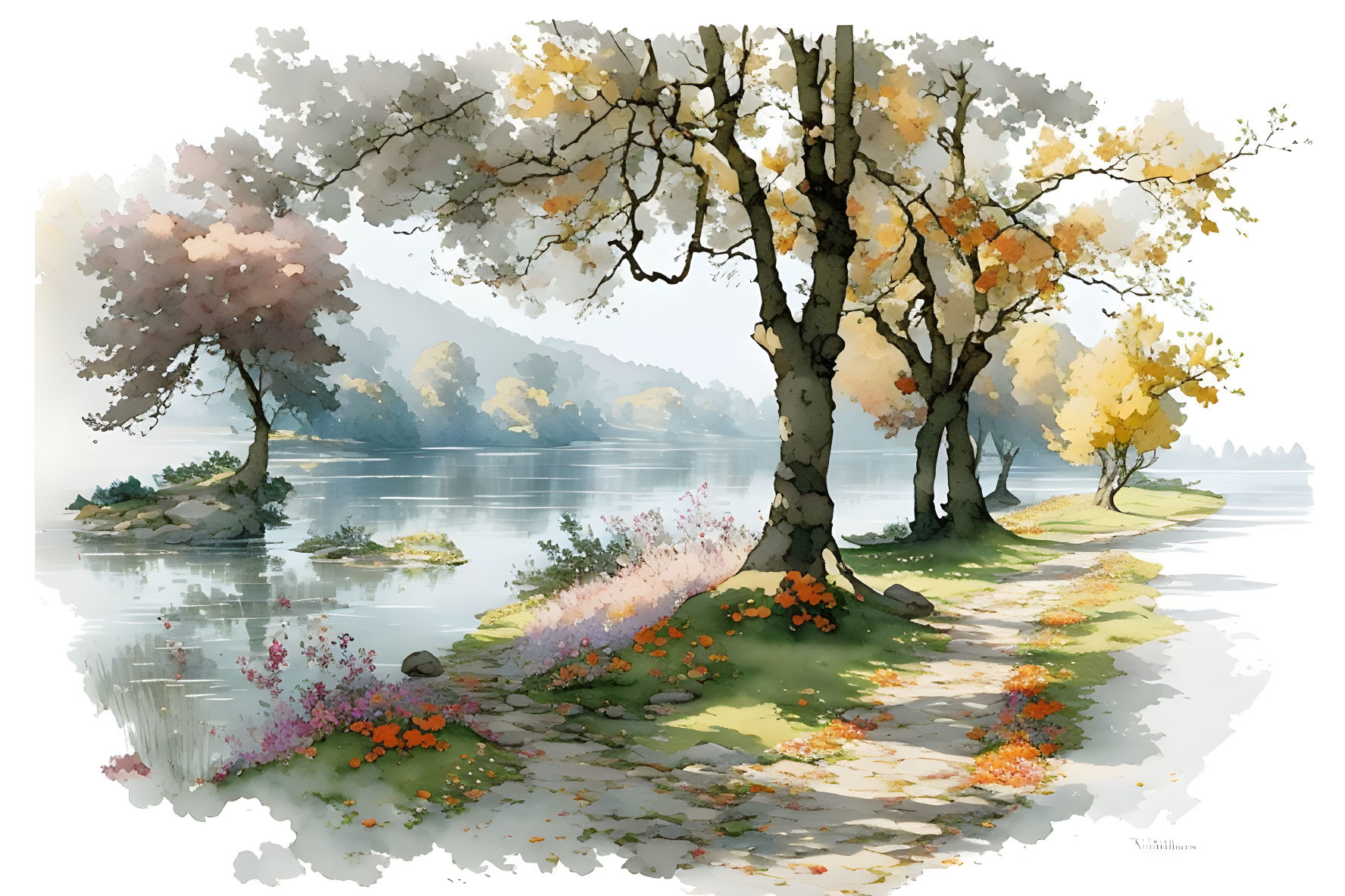 Serene lakeside scene with autumn trees and tranquil lake