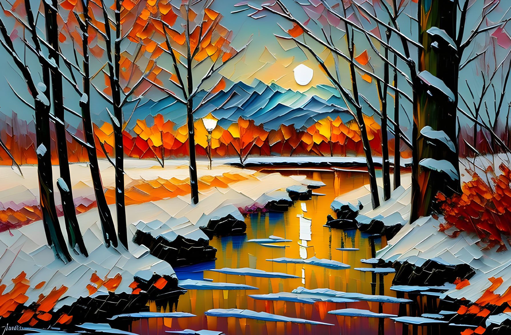 Colorful Winter Scene Painting with River and Mountain