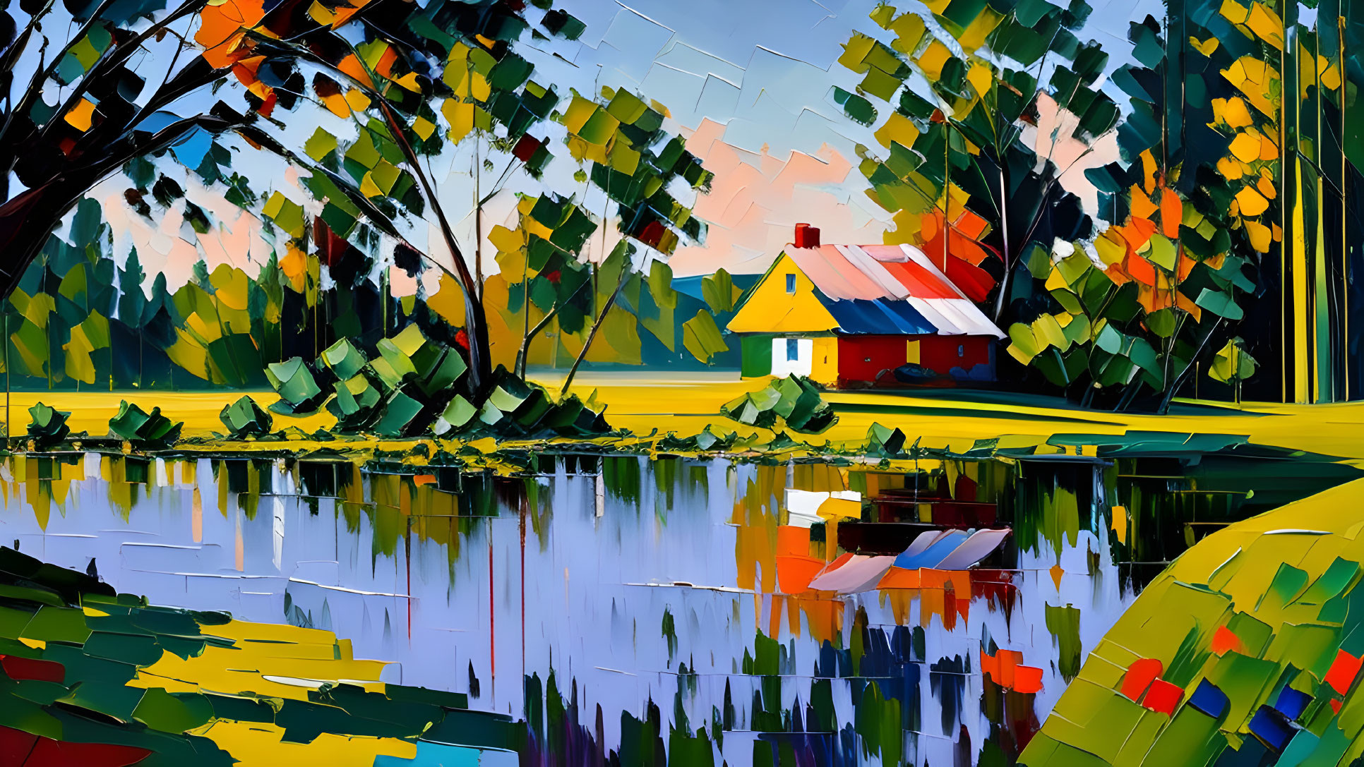 Vibrant, Cubist-style Landscape Painting with Red-Roofed House