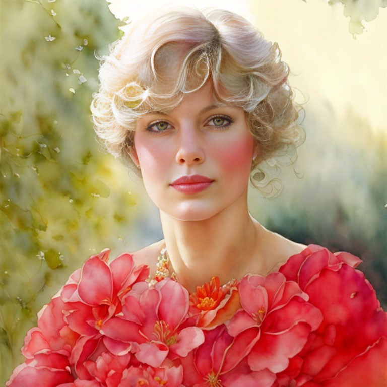 Blonde Curly-Haired Woman in Floral Dress Portrait