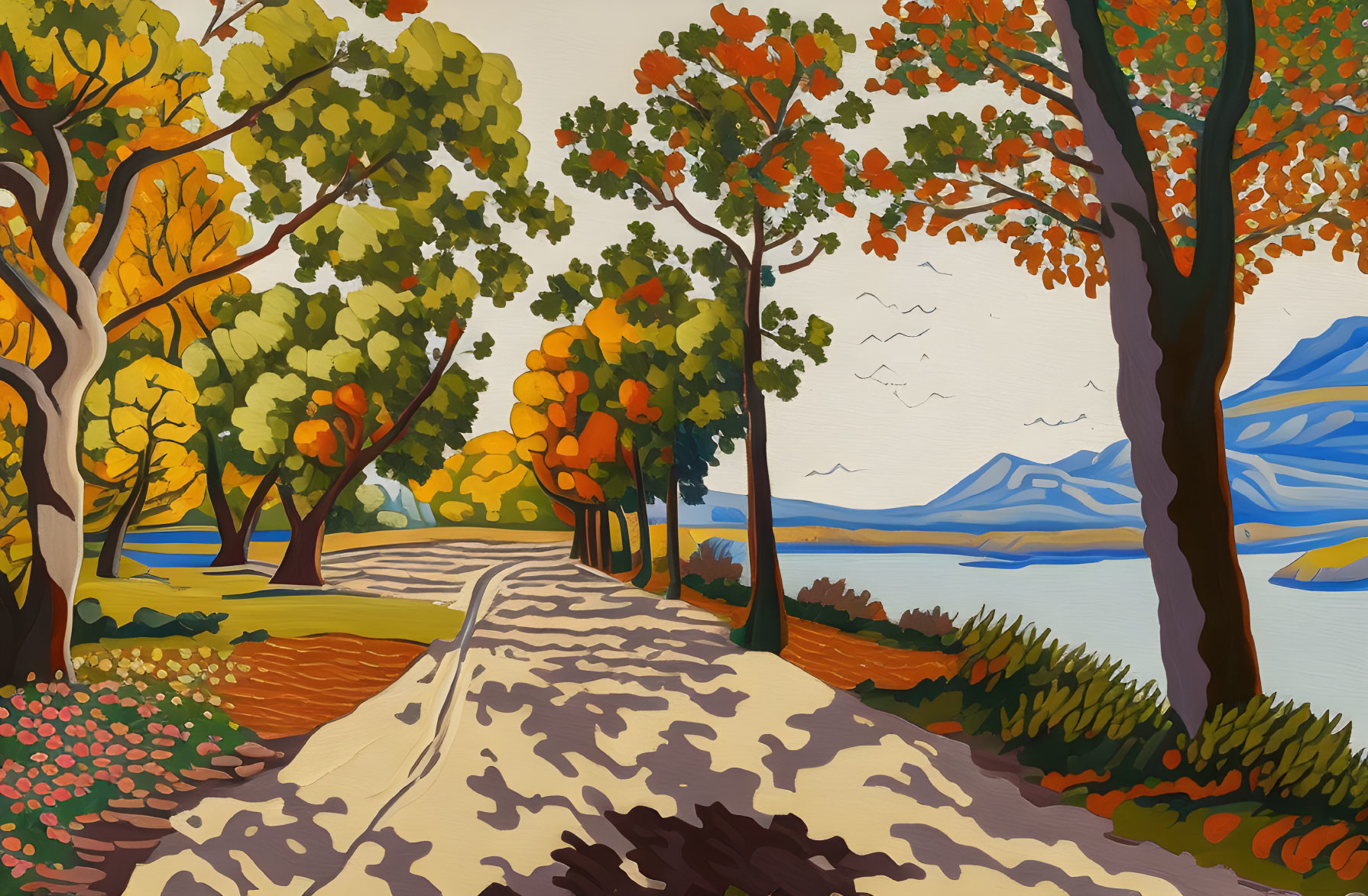 Scenic painting of tree-lined path by calm lake