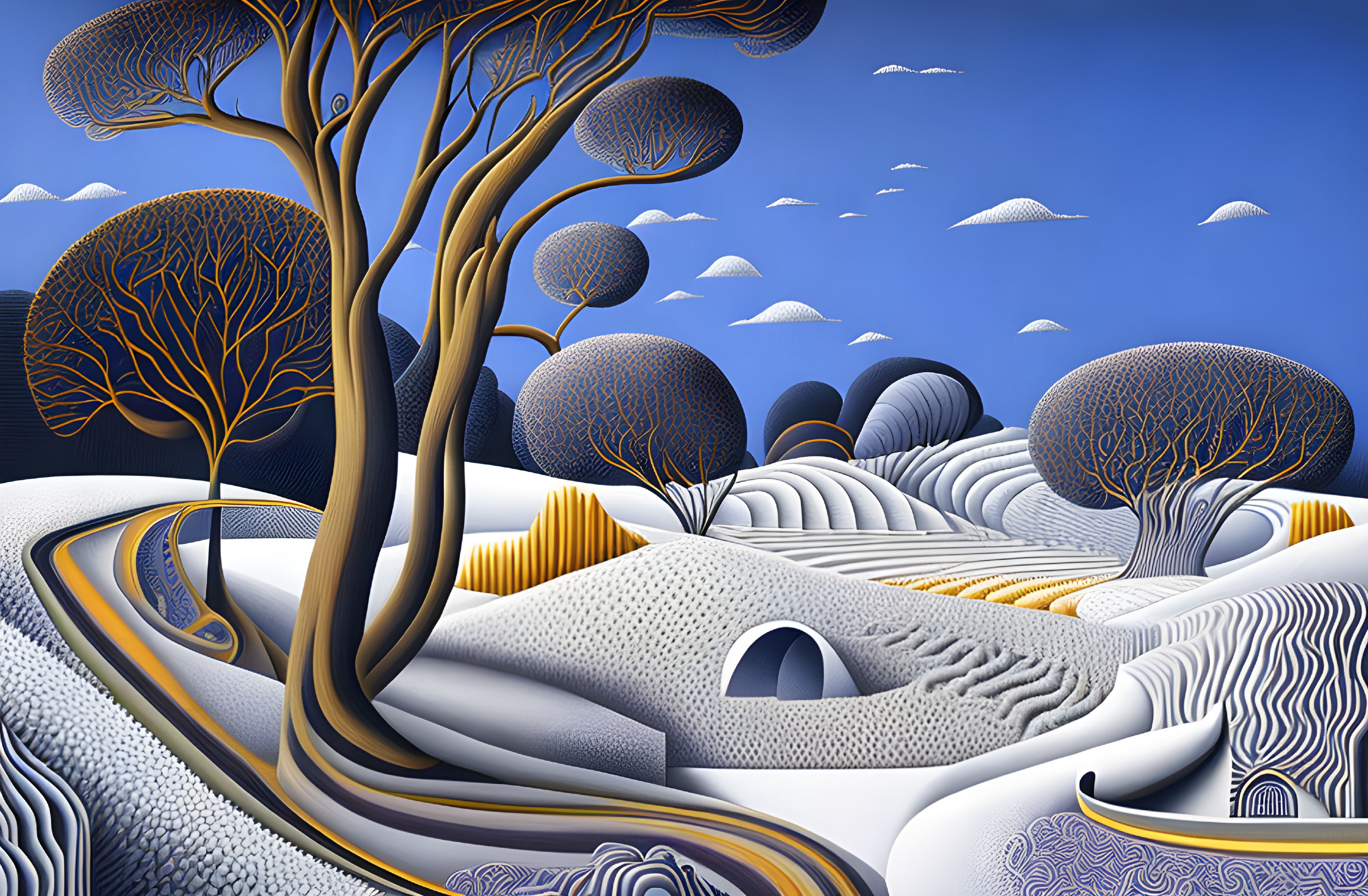 Surreal landscape with stylized trees and geometric hills