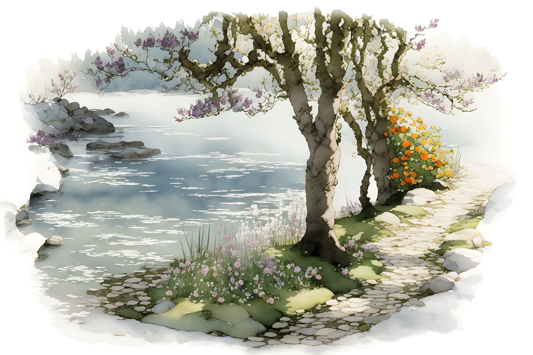 Tranquil riverside scene with blossoming trees and cobblestone path