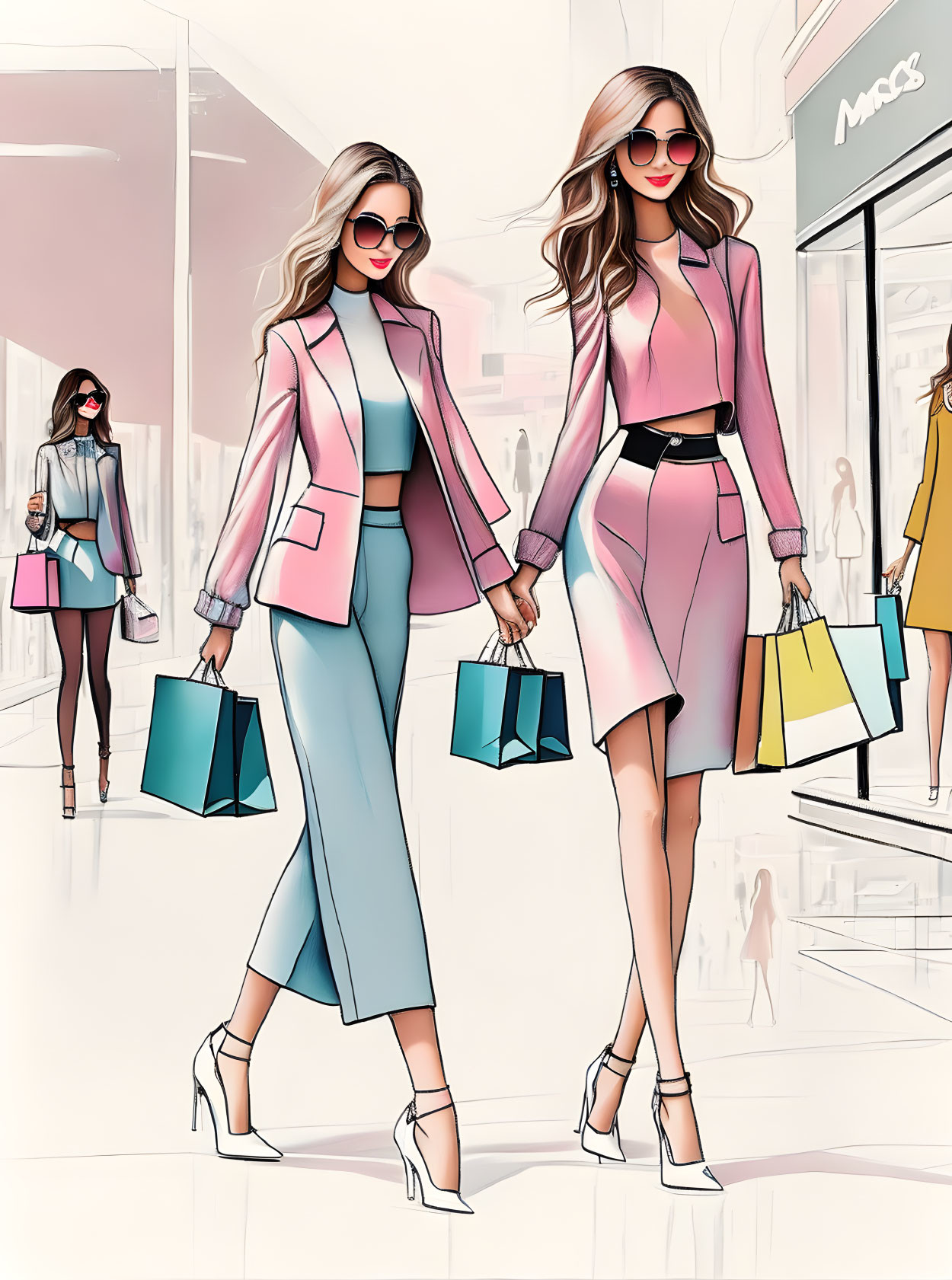 Fashionable women shopping in mall with chic style