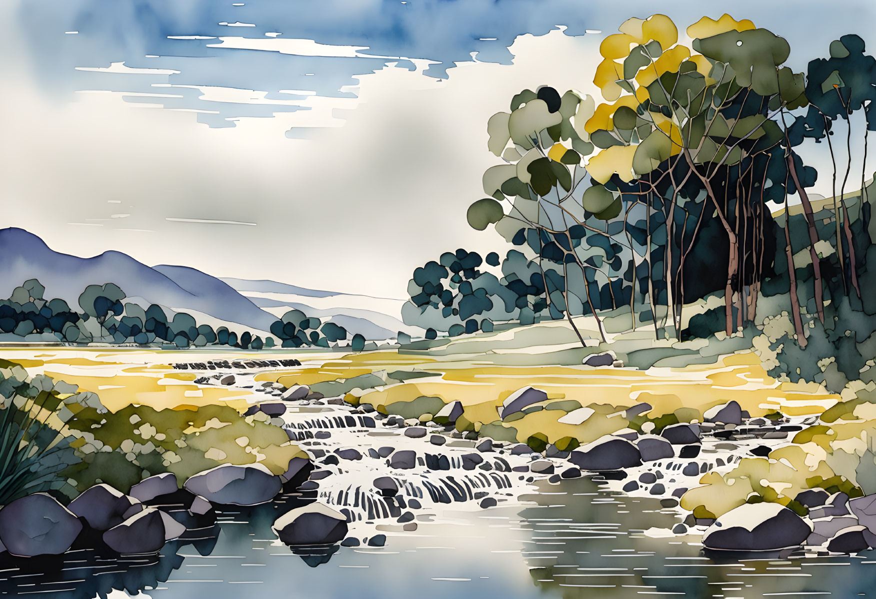 Tranquil river landscape with trees and hills under cloudy sky