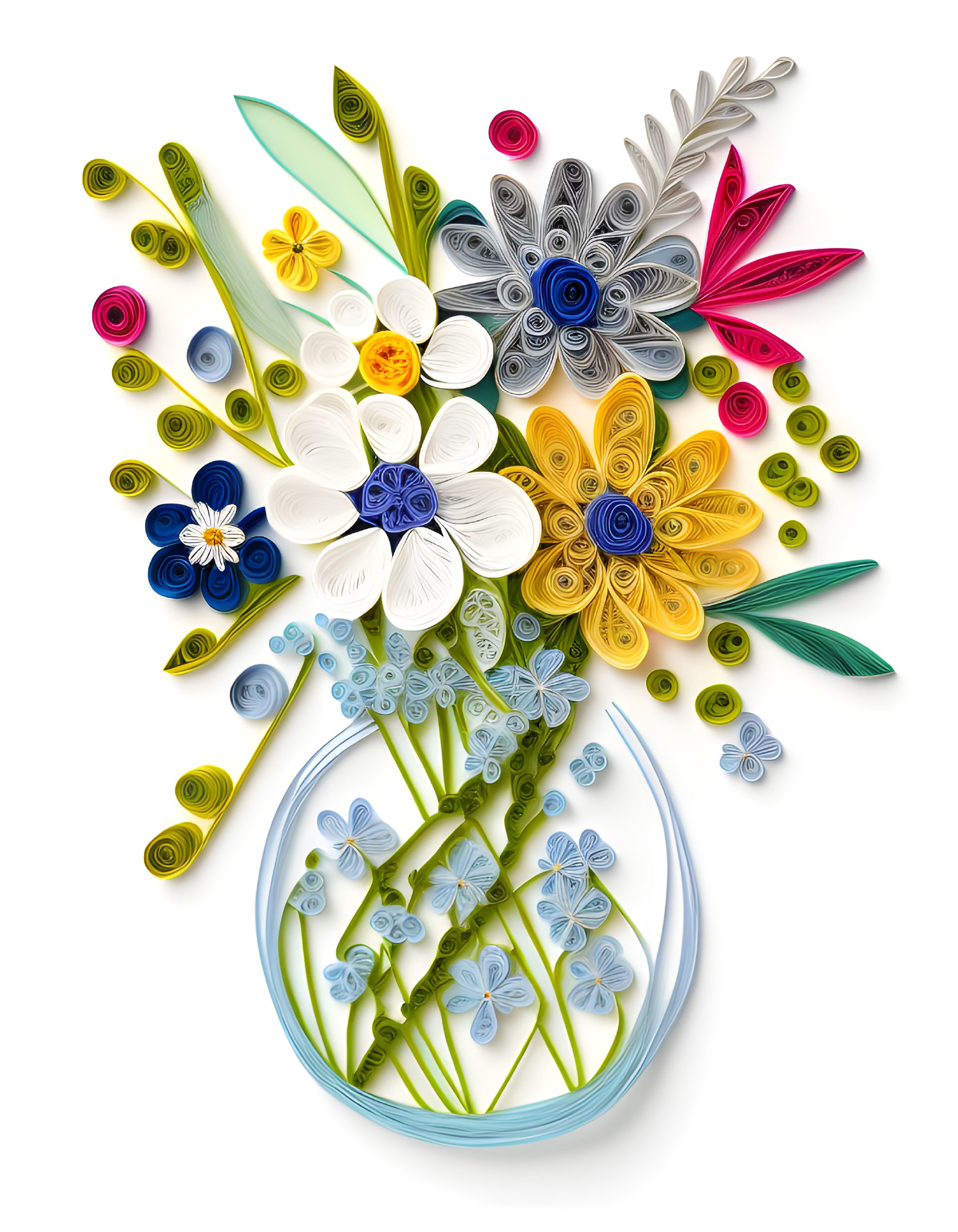 Colorful Paper Quilling Flowers and Leaves Bouquet Display