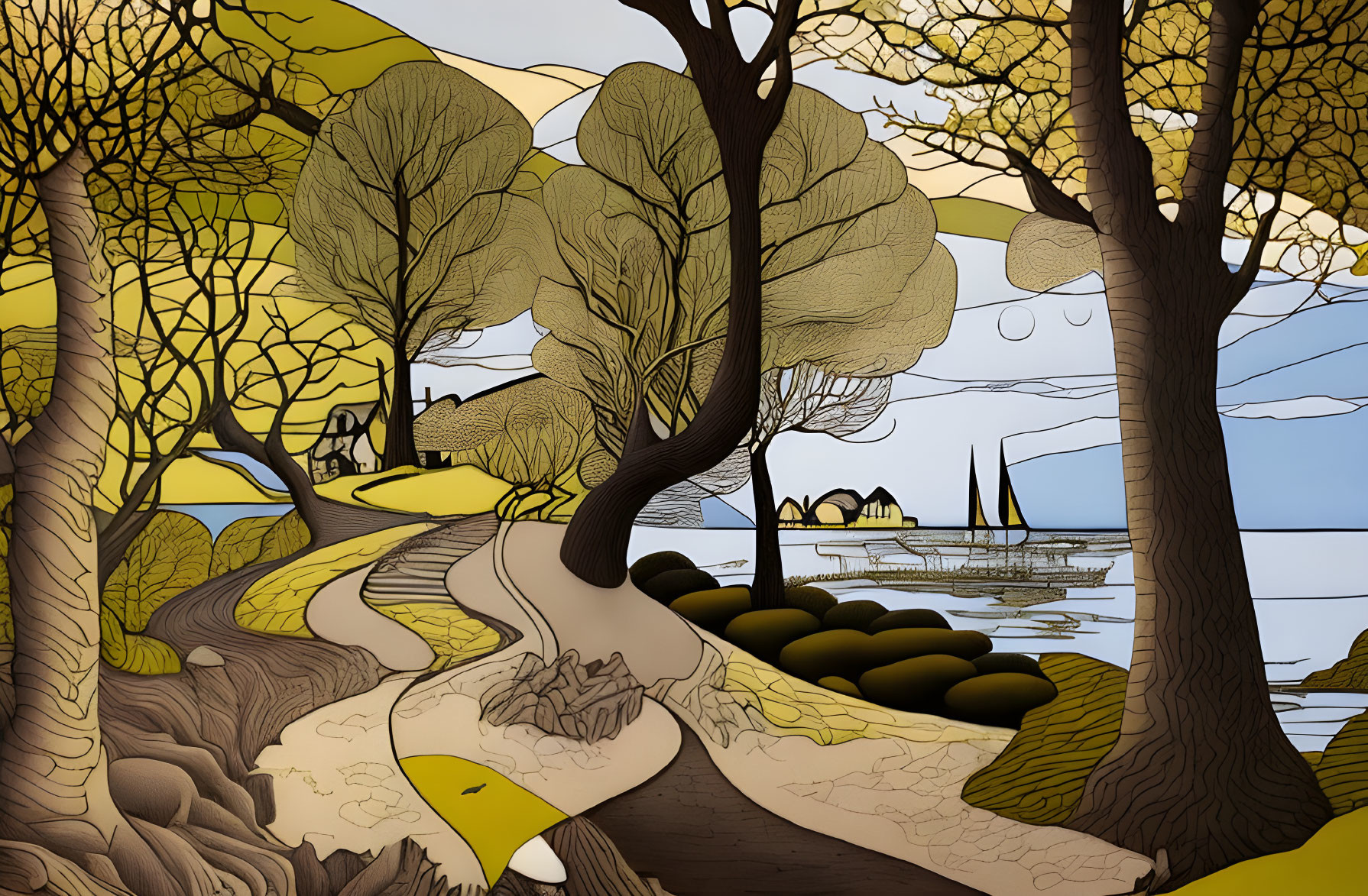 Stylized autumnal landscape with winding path, bare trees, lake view.