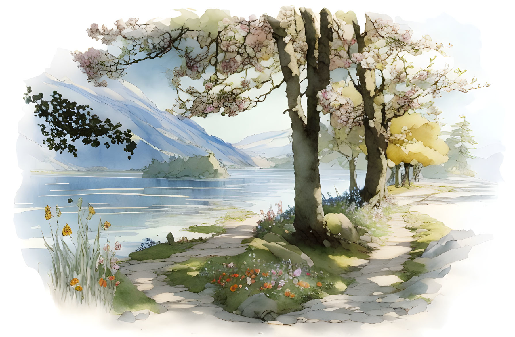 Tranquil watercolor scene: blossoming trees, serene lake, distant mountains, wildflowers path