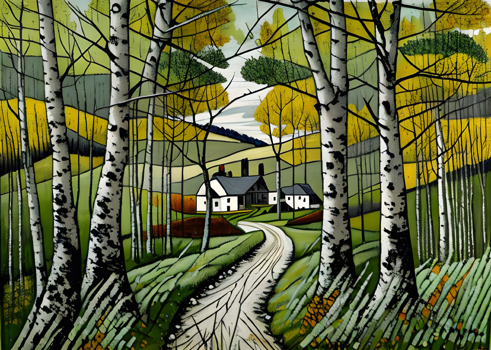 Stylized rural landscape painting with white house, birch trees, winding road, yellow-green foliage