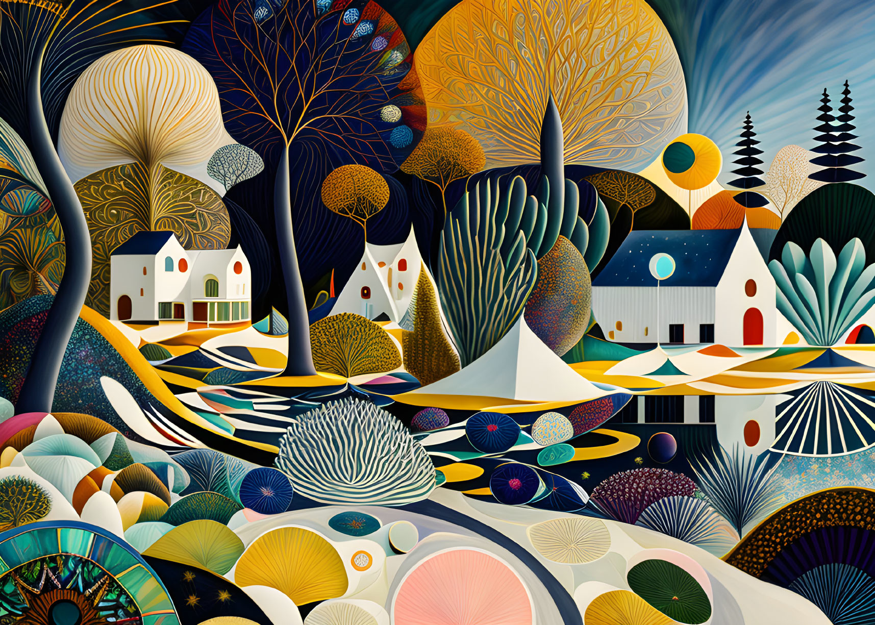 Colorful stylized landscape with whimsical trees and quaint houses