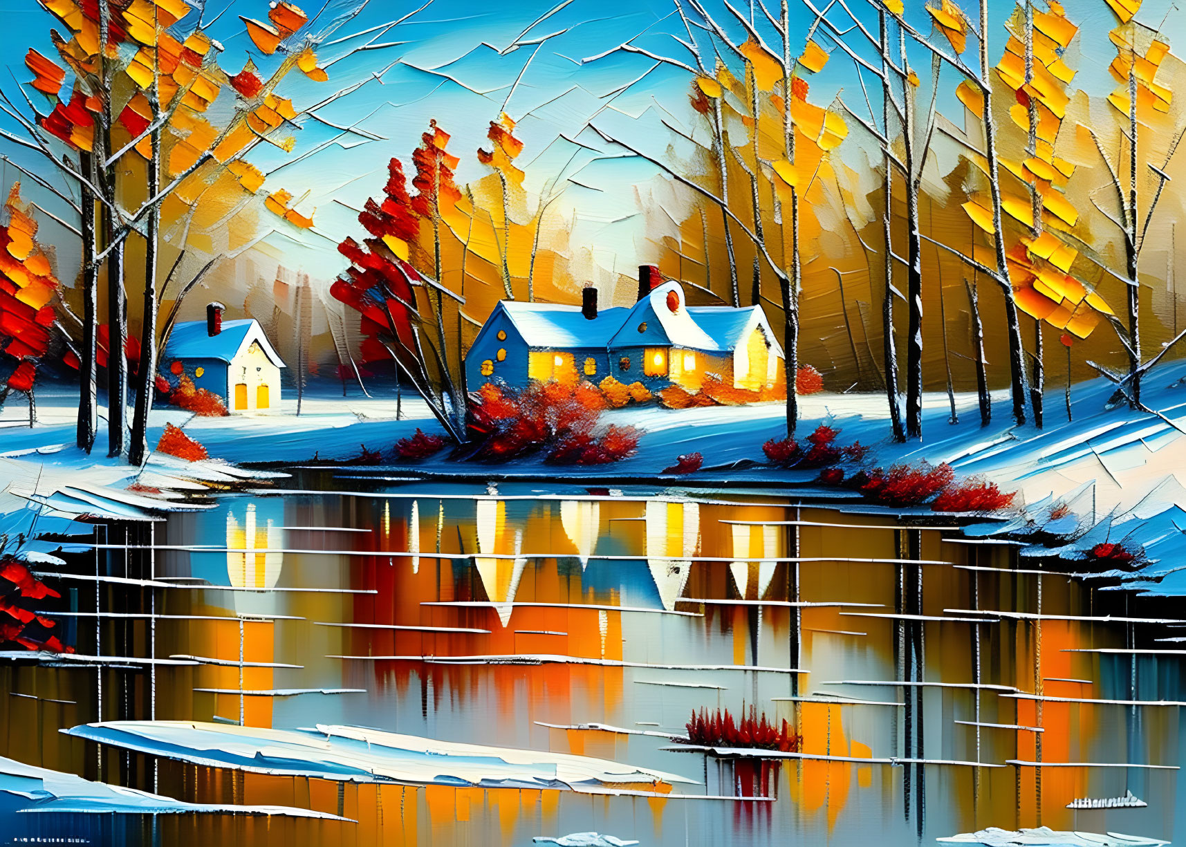 Colorful autumn landscape with blue houses, reflective water, and vibrant trees.