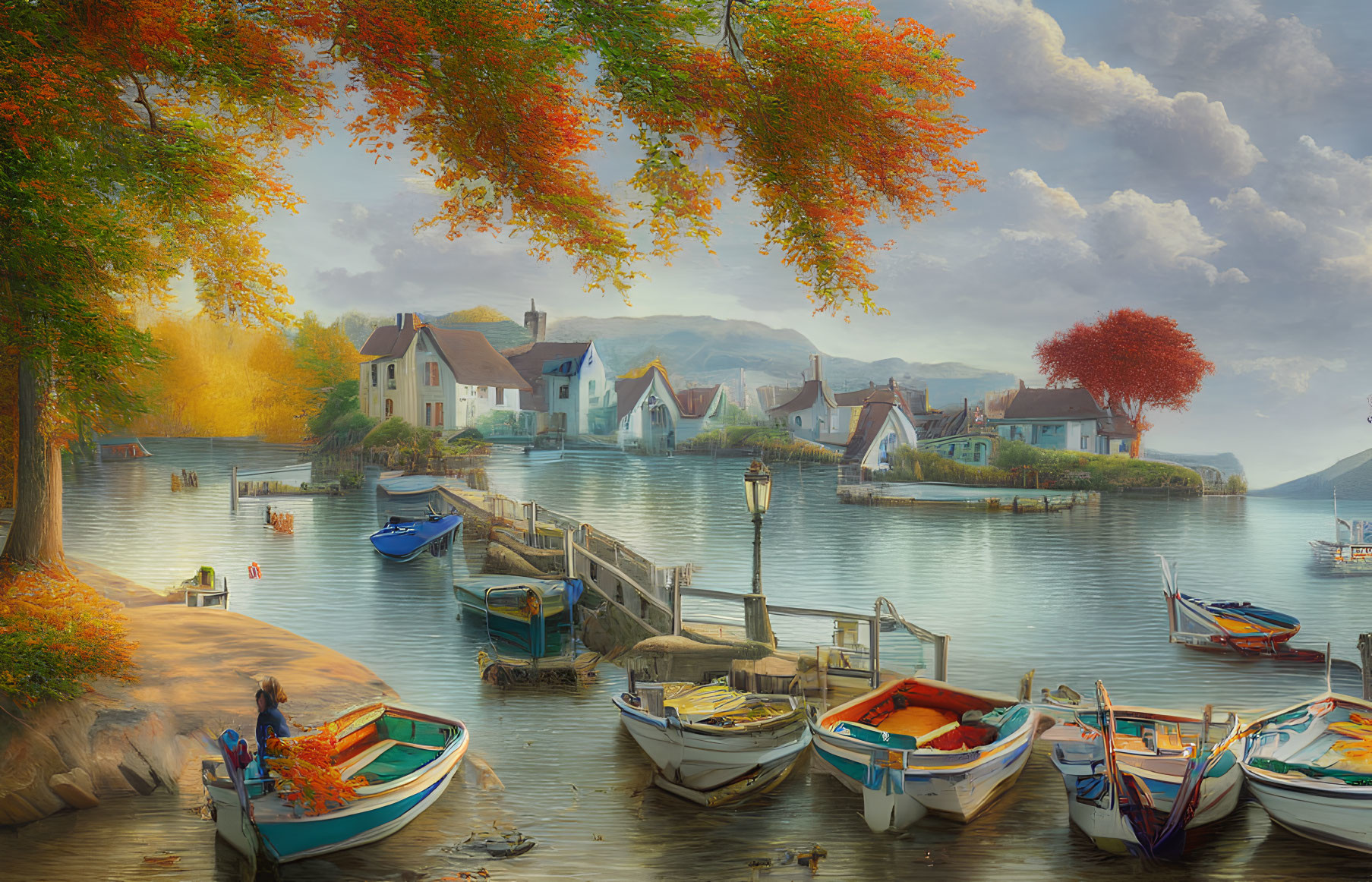 Tranquil lakeside village with autumn trees and glowing light