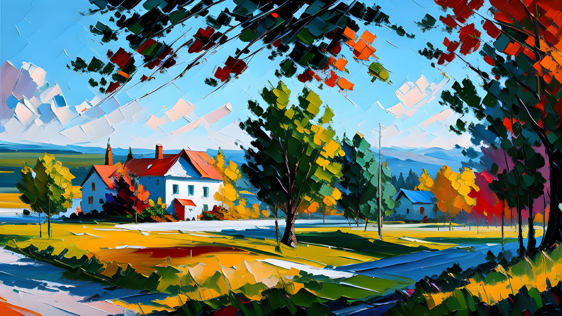 Colorful Impressionistic Landscape Painting with Blue Sky and Bold Brushstrokes