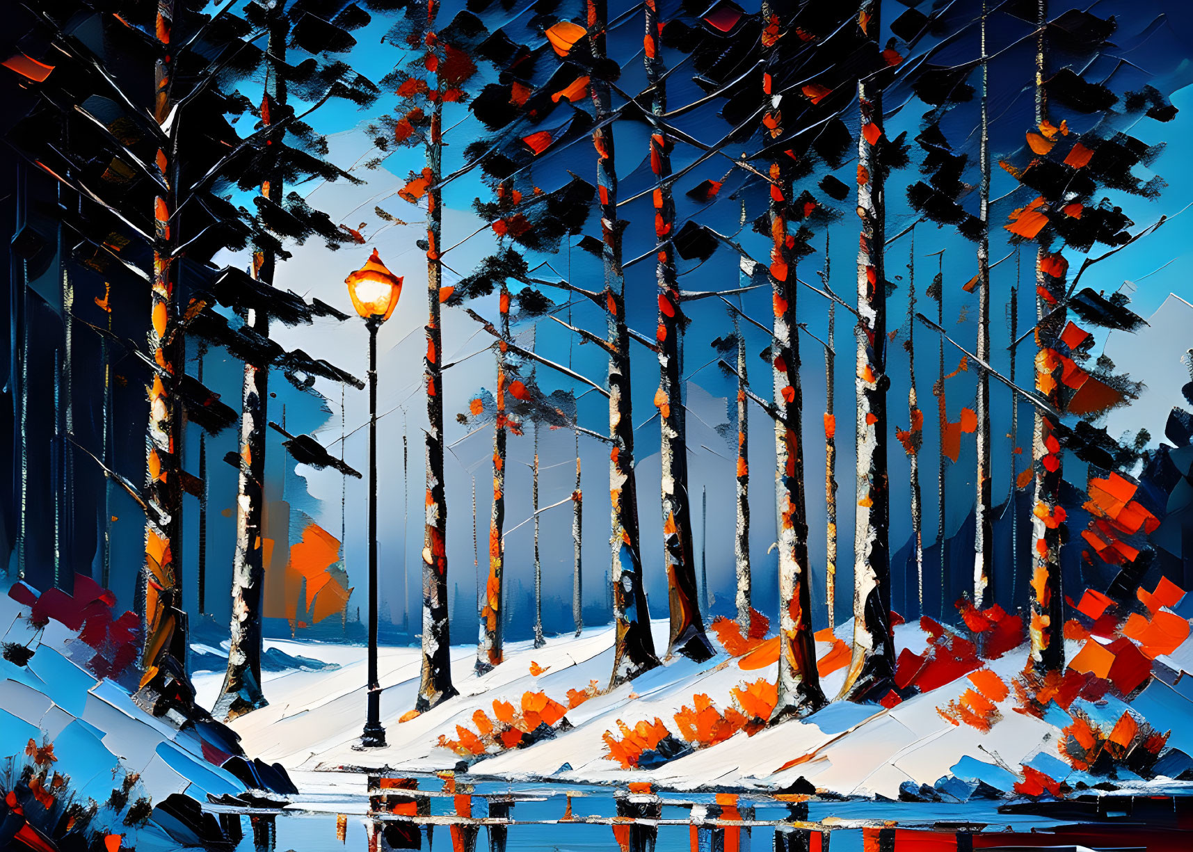 Vibrant snowy forest with tall pines and streetlamp in digital painting