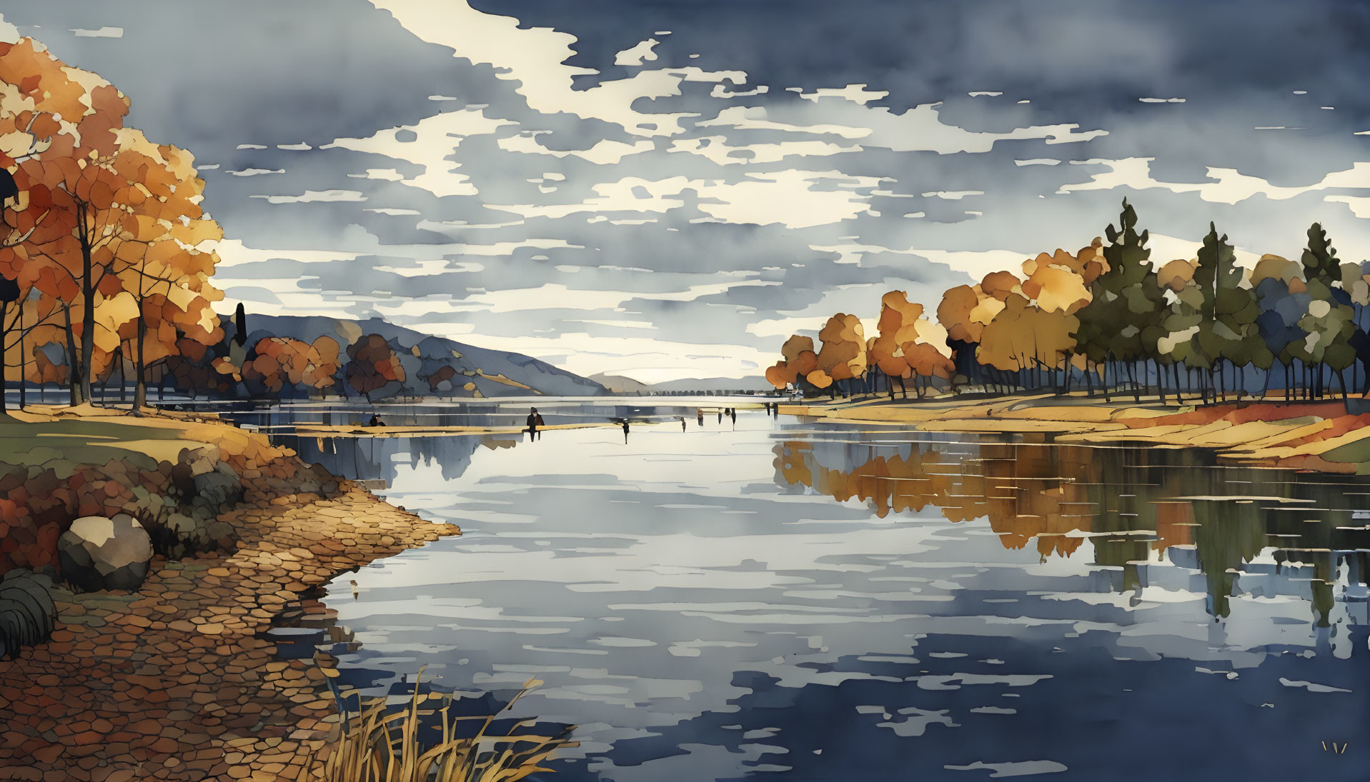 Scenic autumn landscape with reflective lake and colorful trees