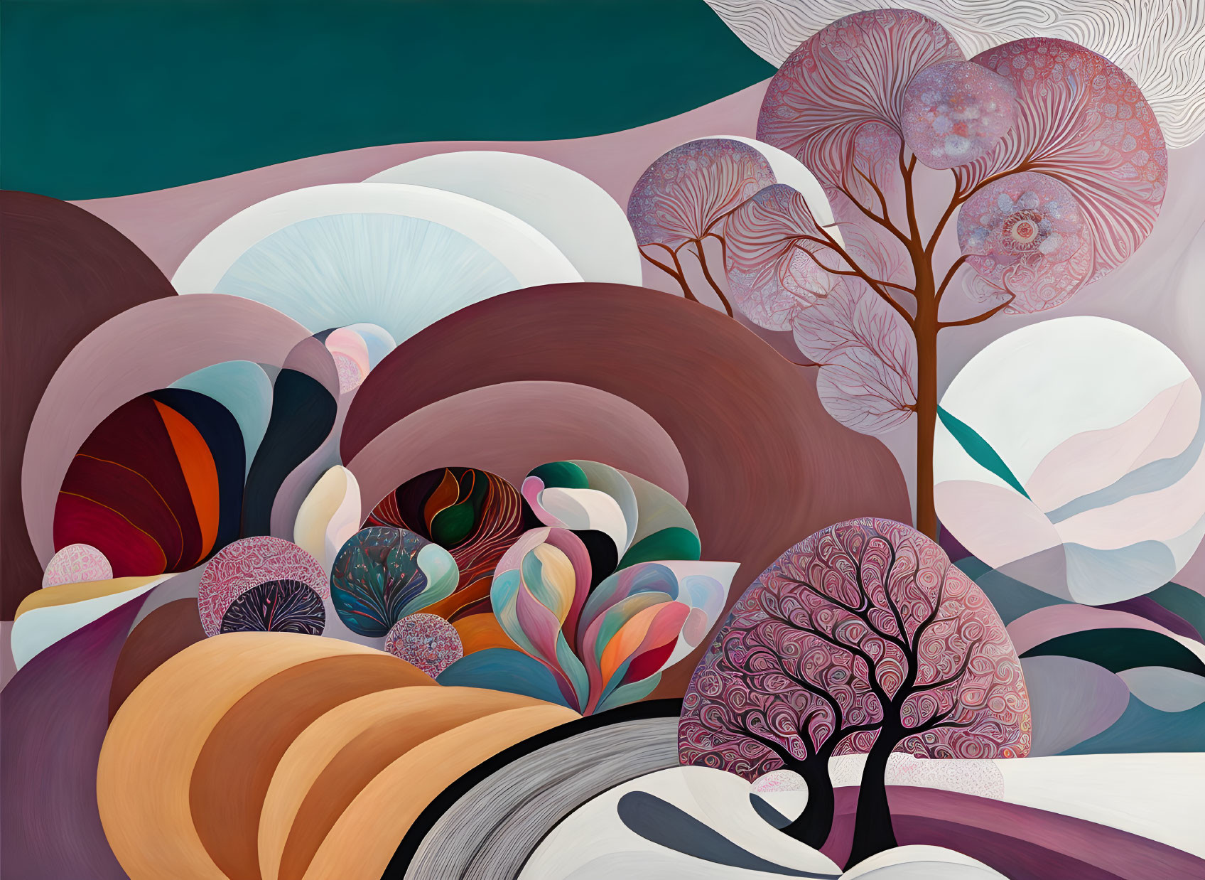 Colorful Abstract Landscape with Flowing Shapes and Intricate Trees