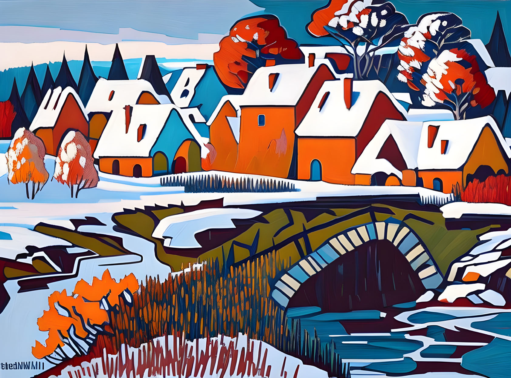 Vibrant village painting with orange roofs, autumn trees, stone bridge, and blue mountains